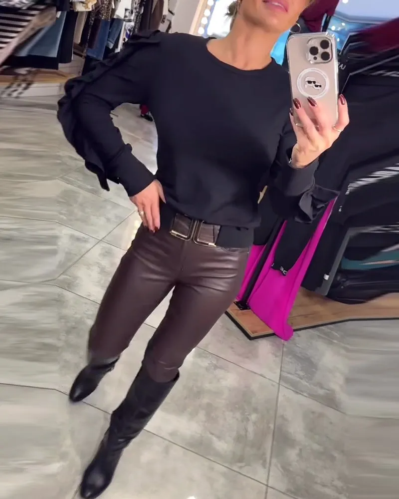 Elegant solid color round neck ruffle long sleeve top