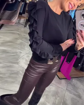 Elegant solid color round neck ruffle long sleeve top