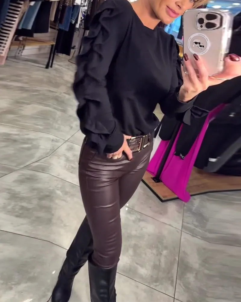 Elegant solid color round neck ruffle long sleeve top