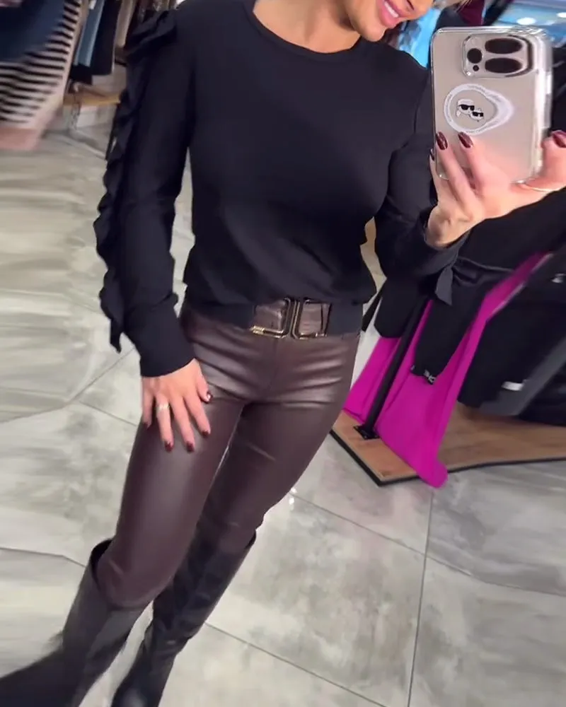 Elegant solid color round neck ruffle long sleeve top