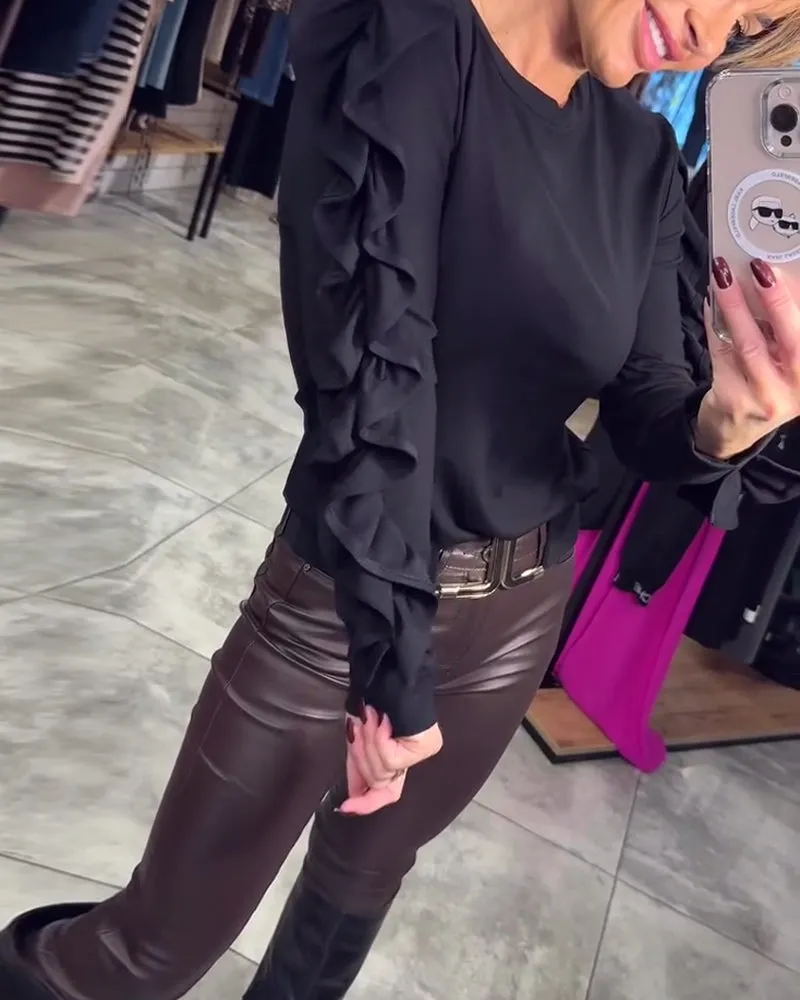 Elegant solid color round neck ruffle long sleeve top