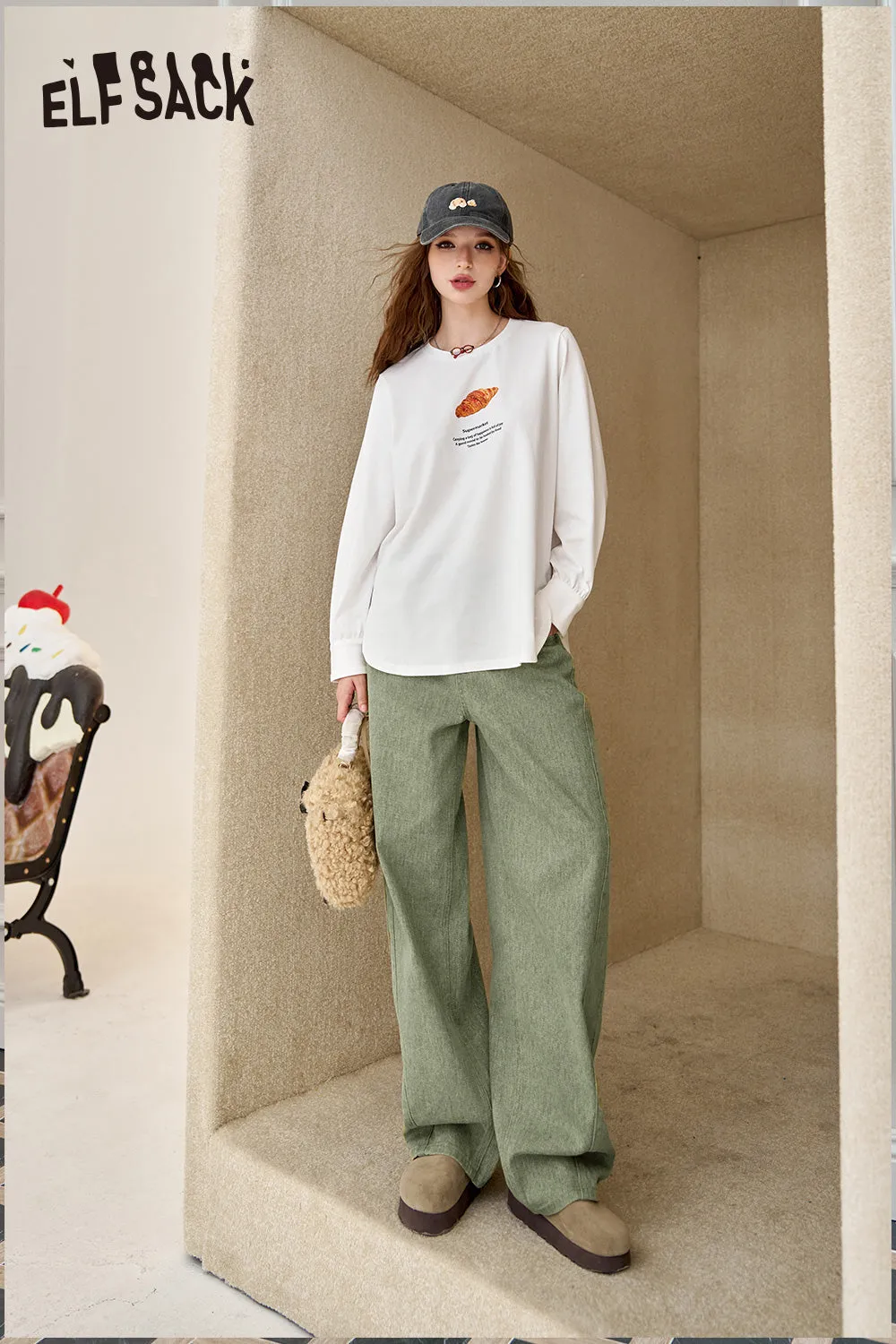ELFSACK 2024 Autumn New Arrivals Loose straight jeans for women, casual and versatile wide-leg pants