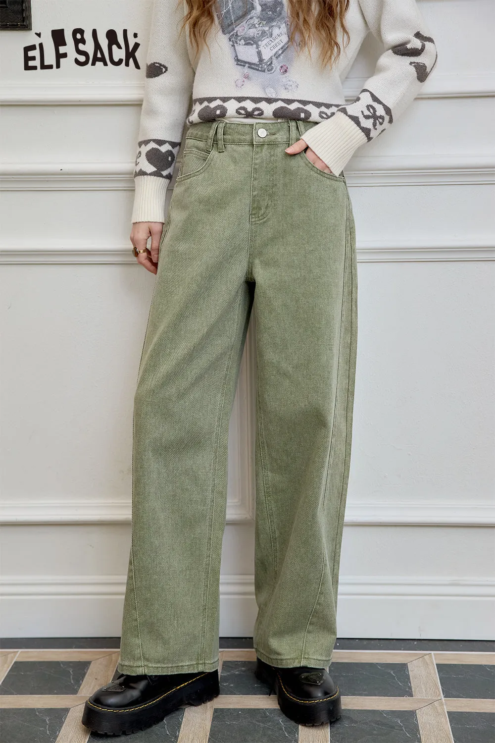 ELFSACK 2024 Autumn New Arrivals Loose straight jeans for women, casual and versatile wide-leg pants