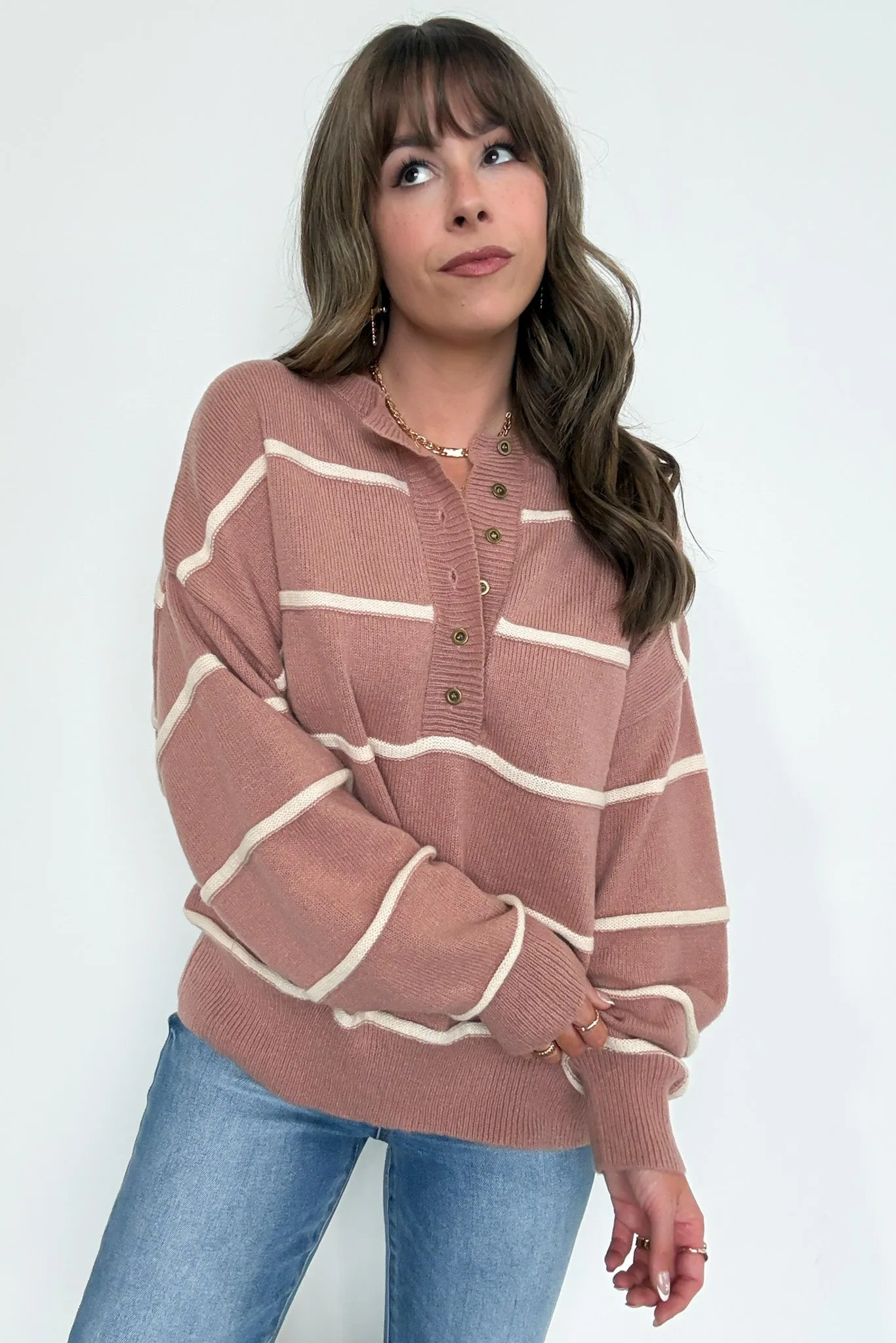 Fall with Me Striped Henley Button Sweater