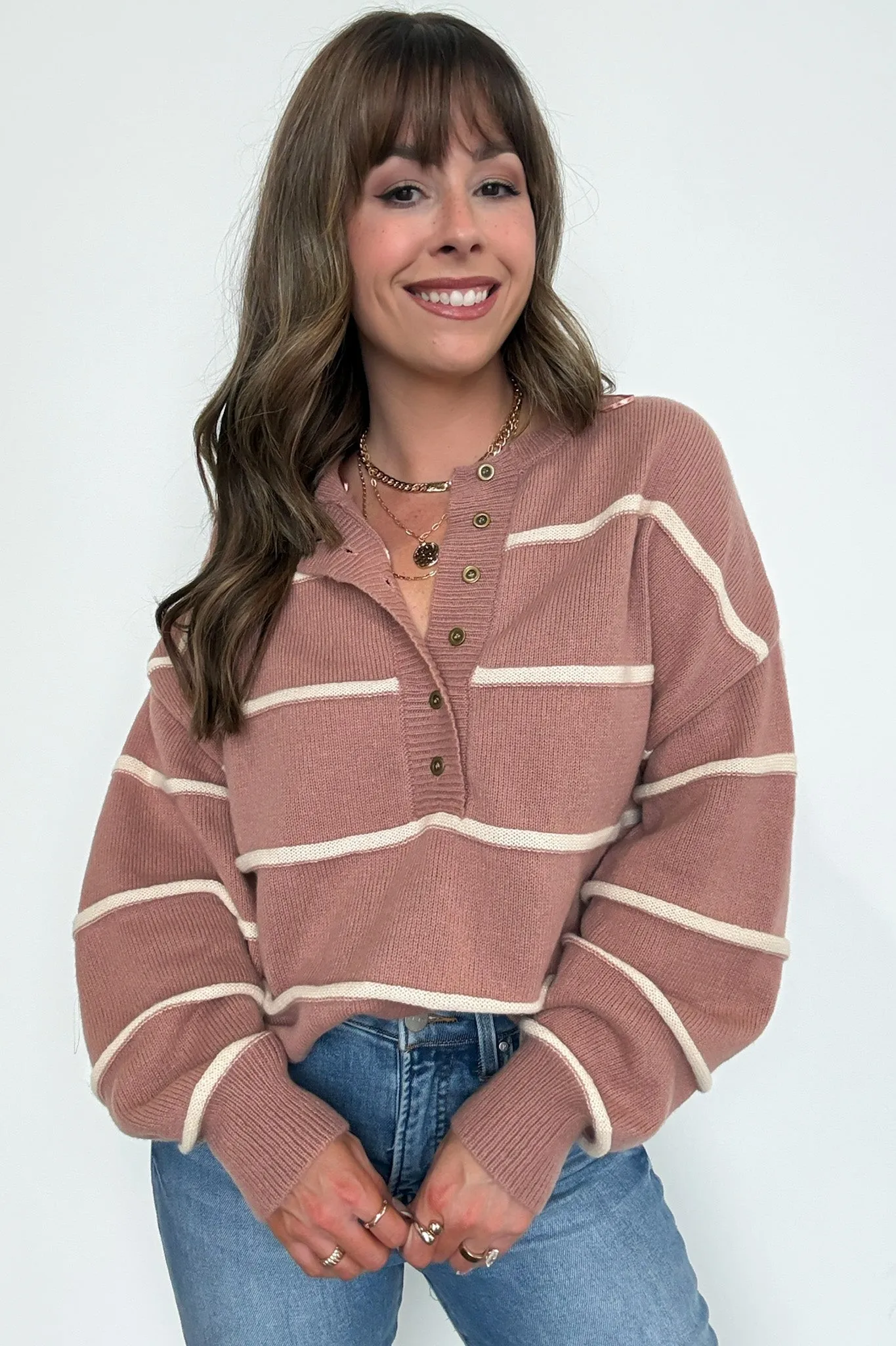 Fall with Me Striped Henley Button Sweater