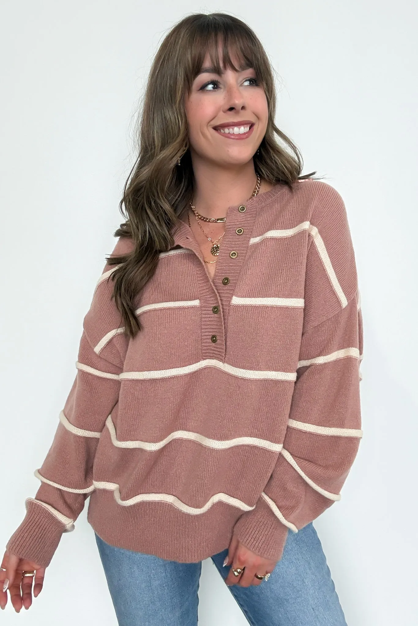 Fall with Me Striped Henley Button Sweater