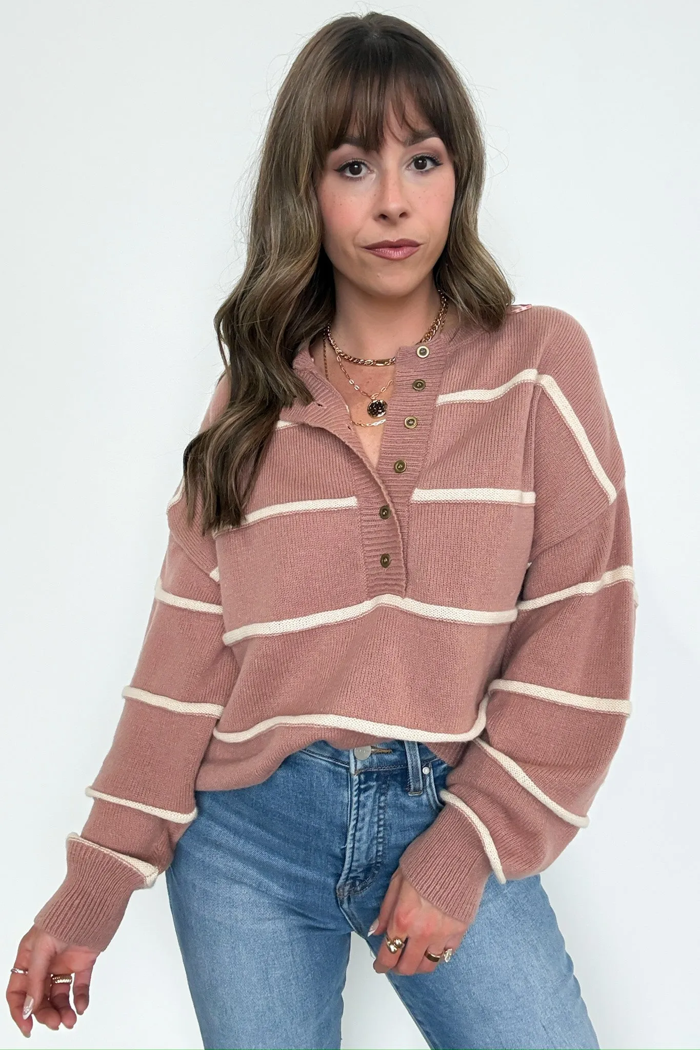 Fall with Me Striped Henley Button Sweater
