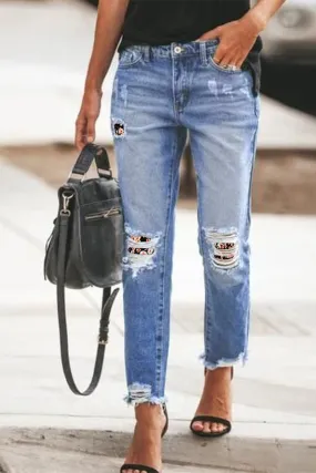 Floral Patchwork Hollow Out Frayed Hem Ripped Jeans