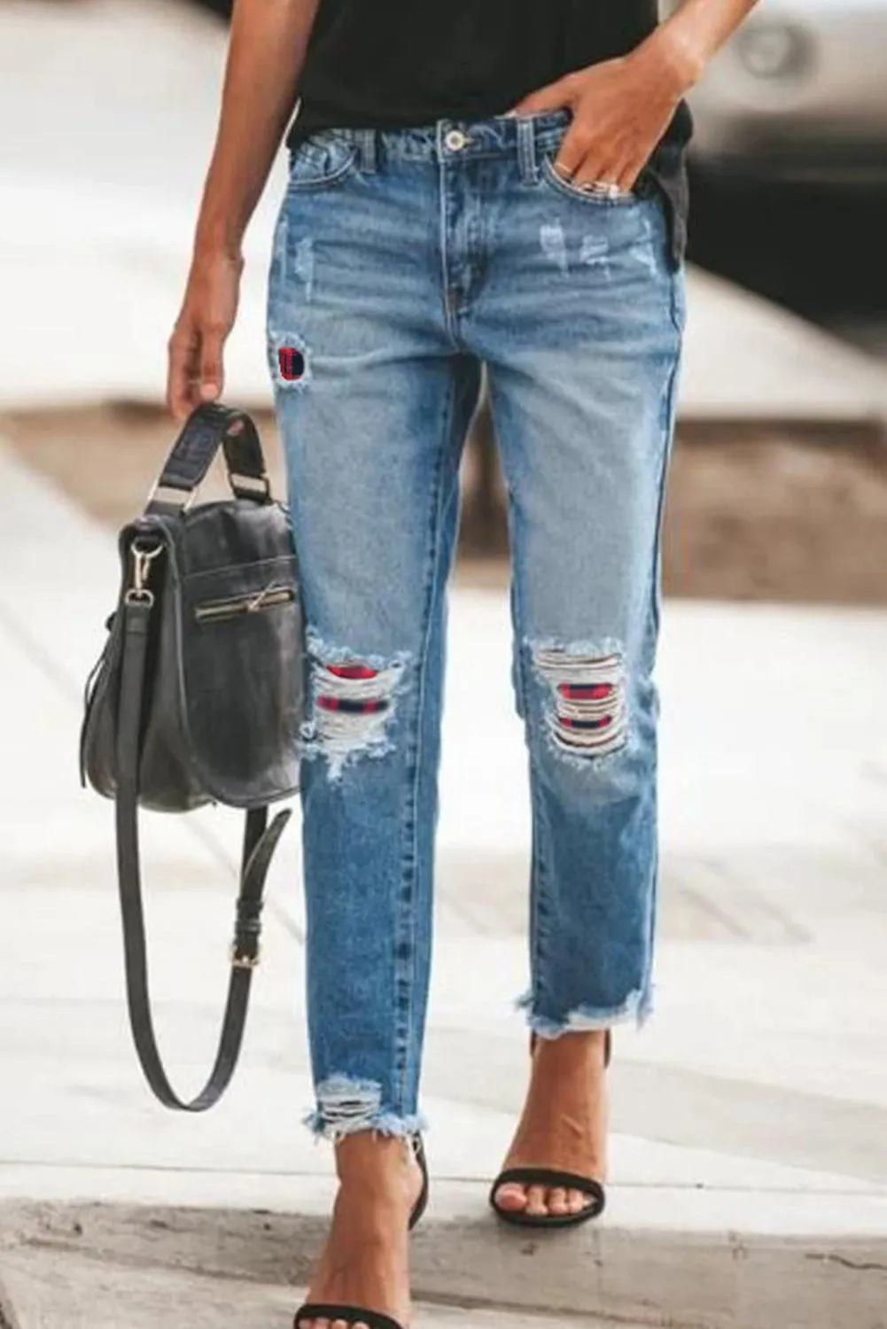 Floral Patchwork Hollow Out Frayed Hem Ripped Jeans