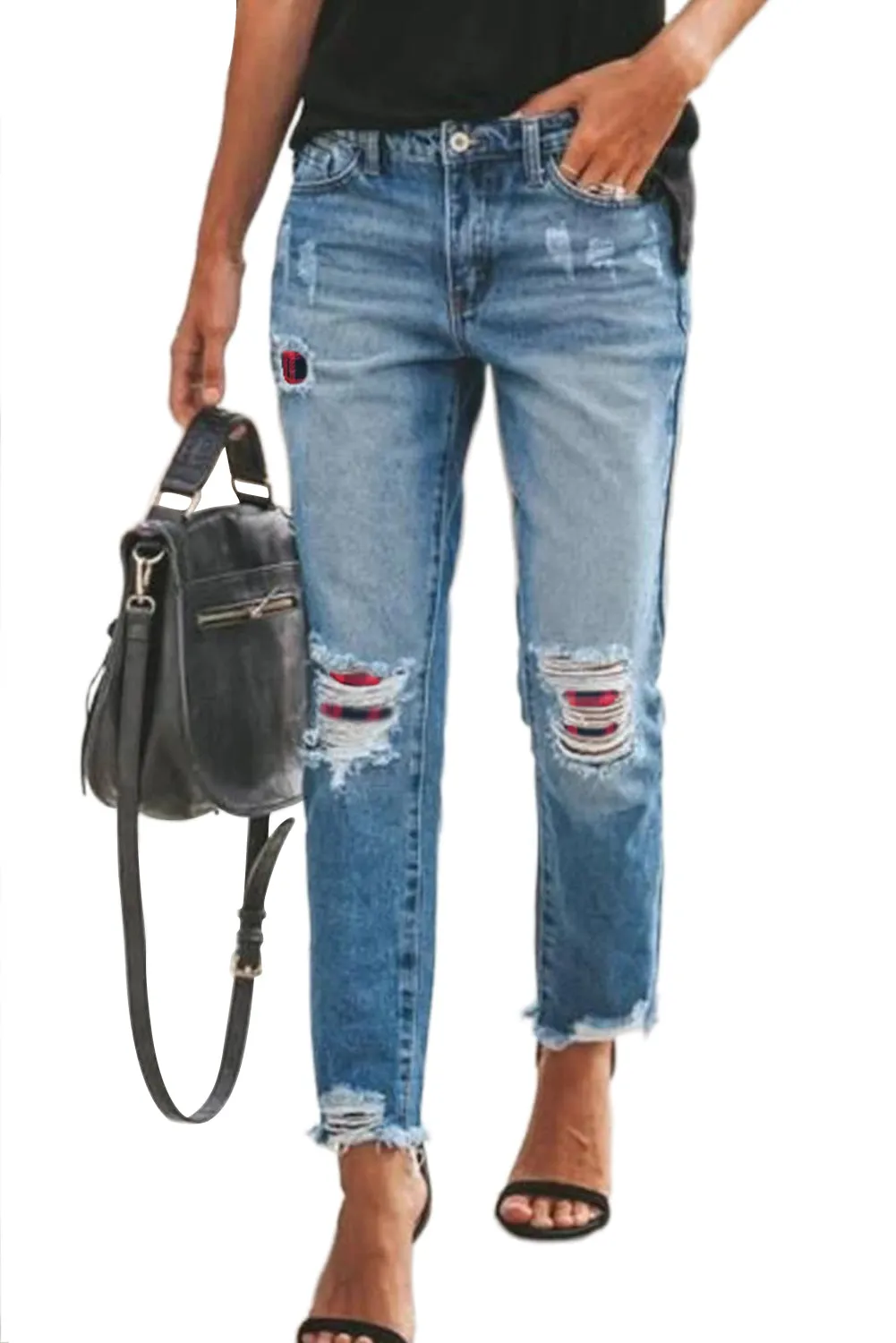 Floral Patchwork Hollow Out Frayed Hem Ripped Jeans