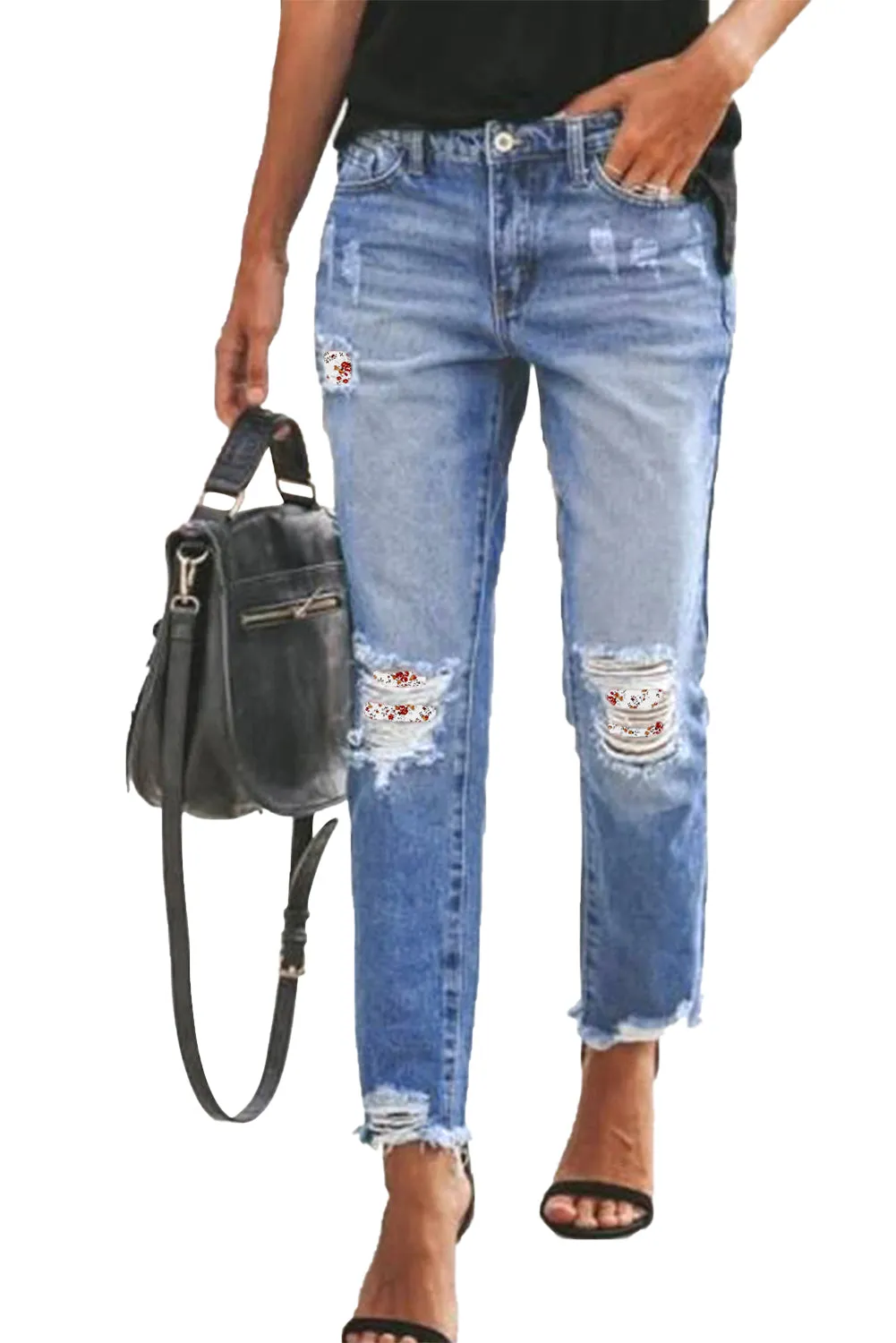 Floral Patchwork Hollow Out Frayed Hem Ripped Jeans