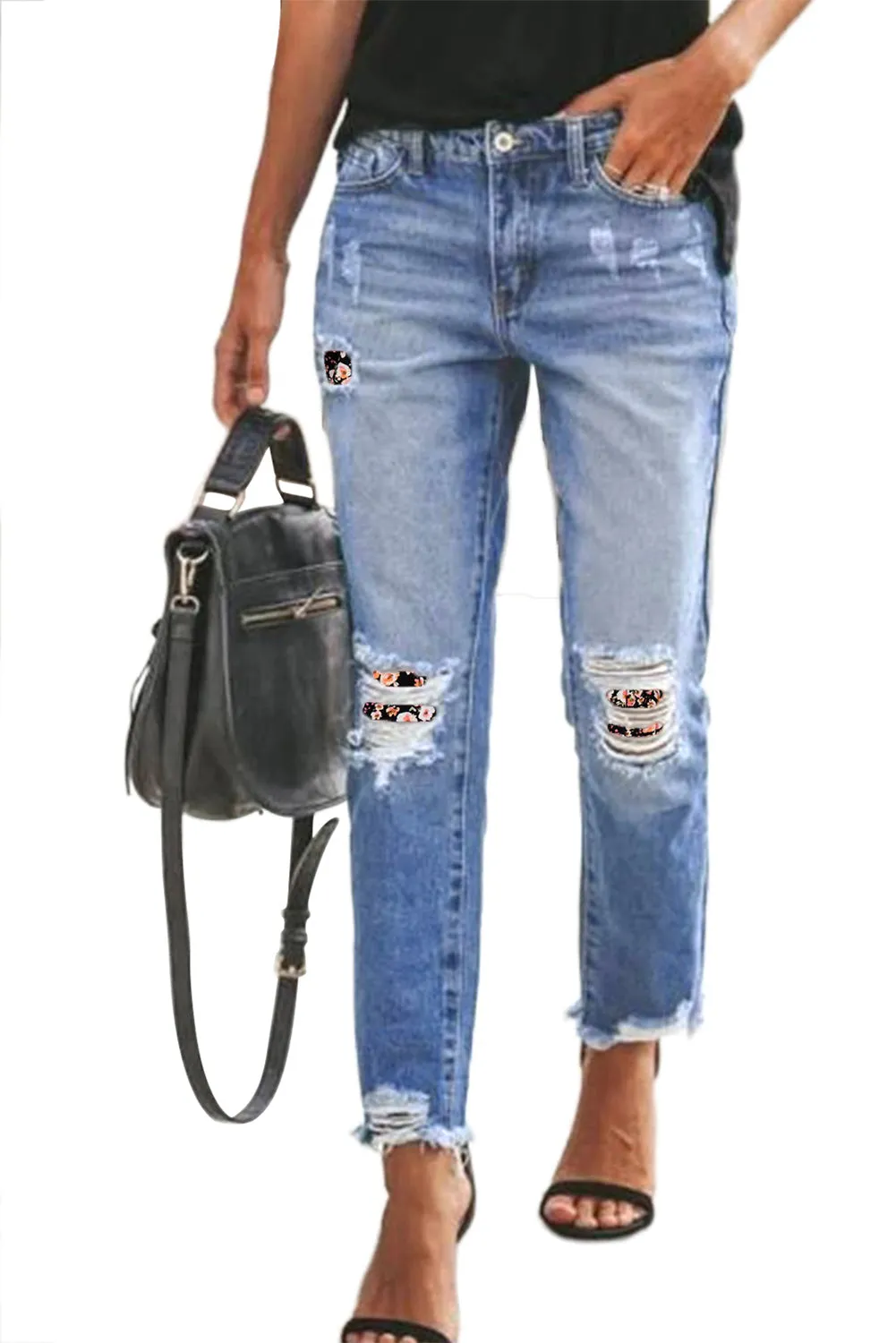 Floral Patchwork Hollow Out Frayed Hem Ripped Jeans
