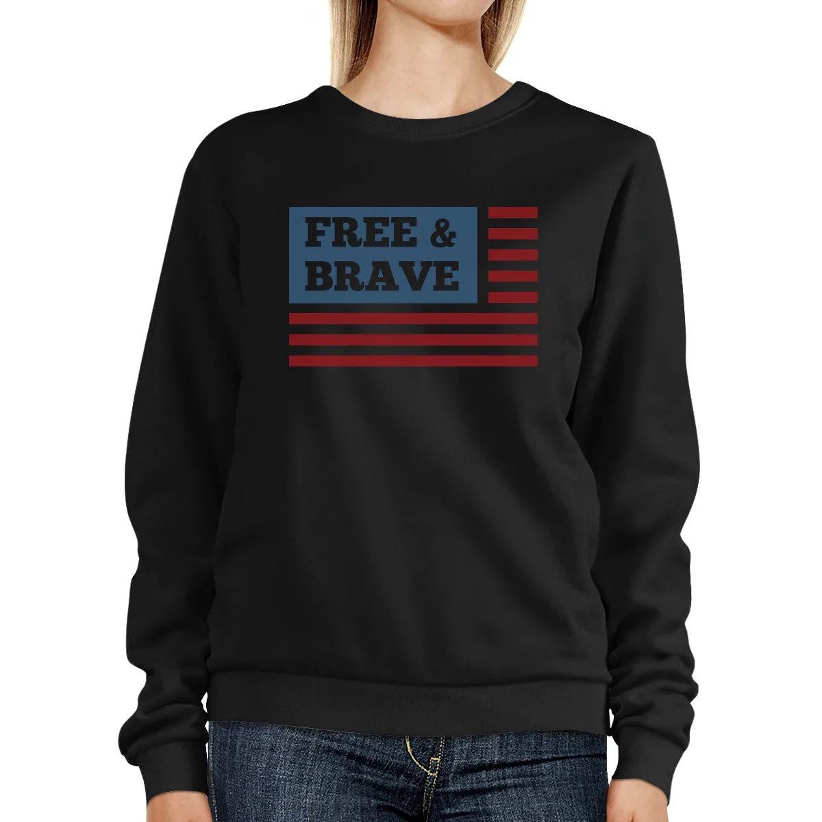 Free & Brave Us Flag Unisex Black Sweatshirt Round Neck Pullover