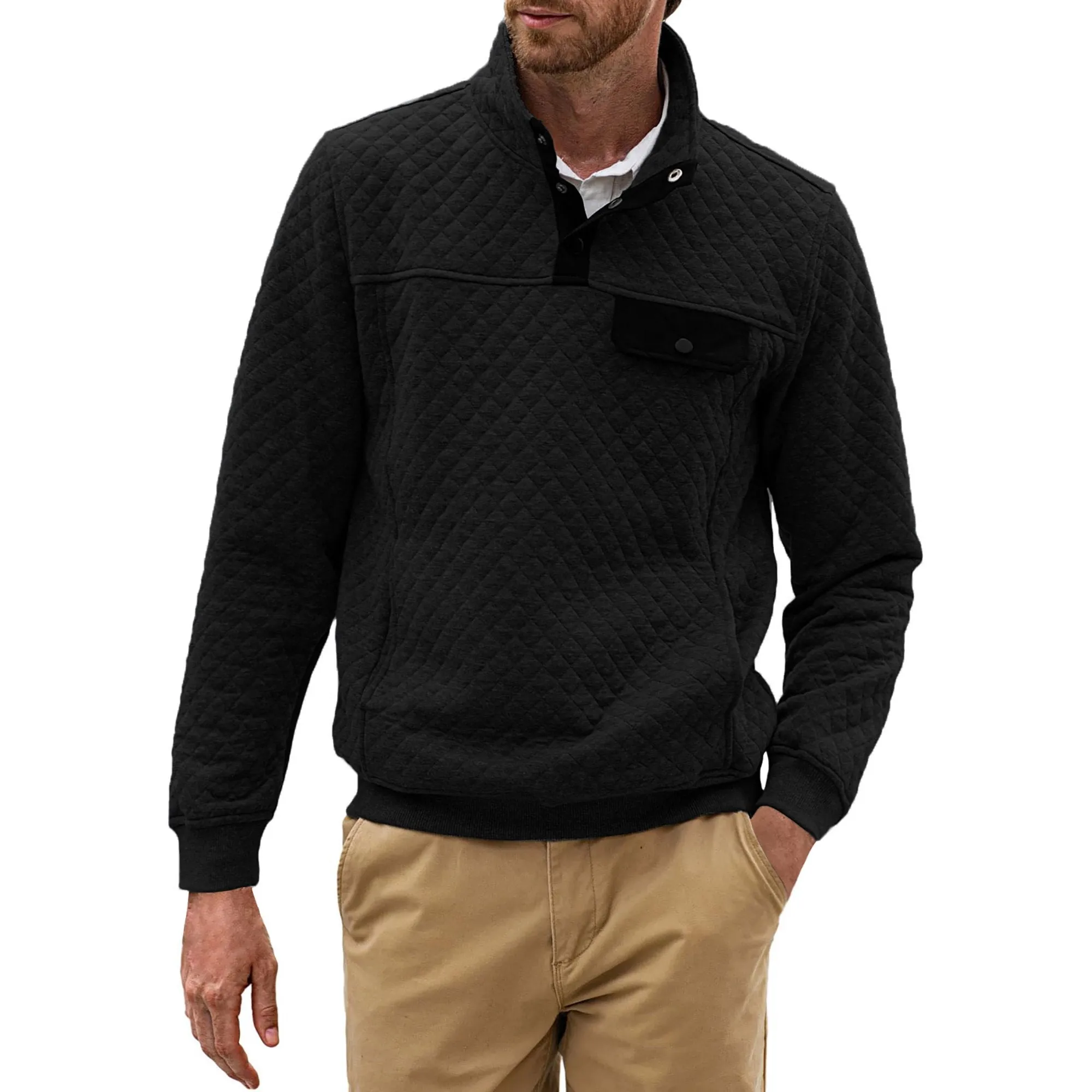 GENTS BLISS Long Sleeve Men Sweatshirts Quilted Stand Collar Sweatshirts Button Pullover