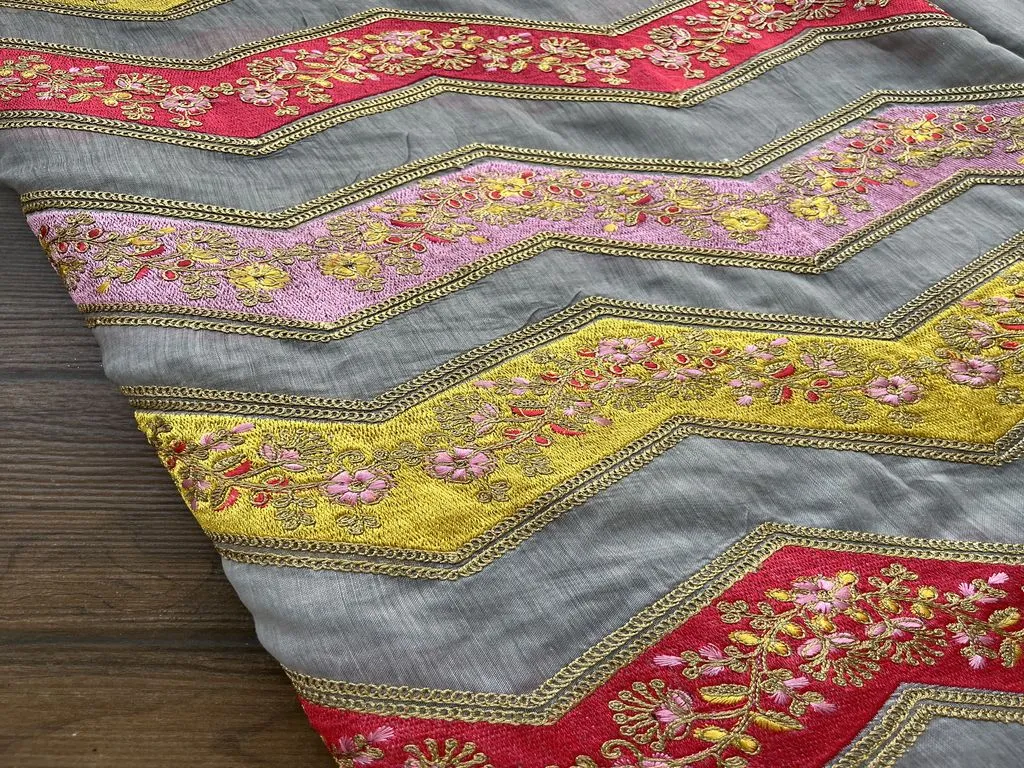 Grey Multicoloured Thread & Dori Embroidered Chanderi Fabric