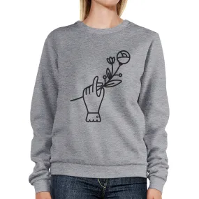 Hand Holding Flower Gray Sweatshirt Lovely Design Pullover Fleece