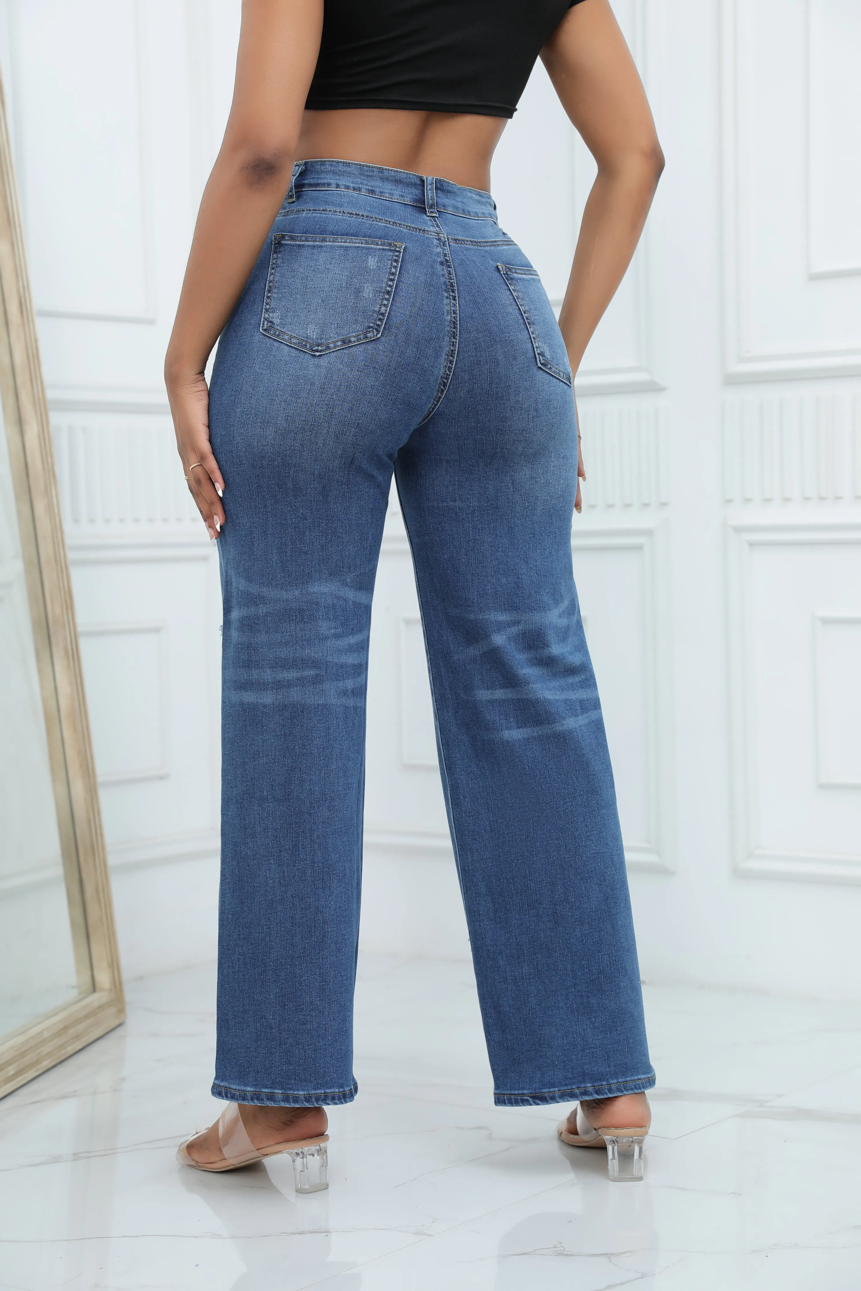 High-quality Temperament Ripped Wide-leg Pants Jeans