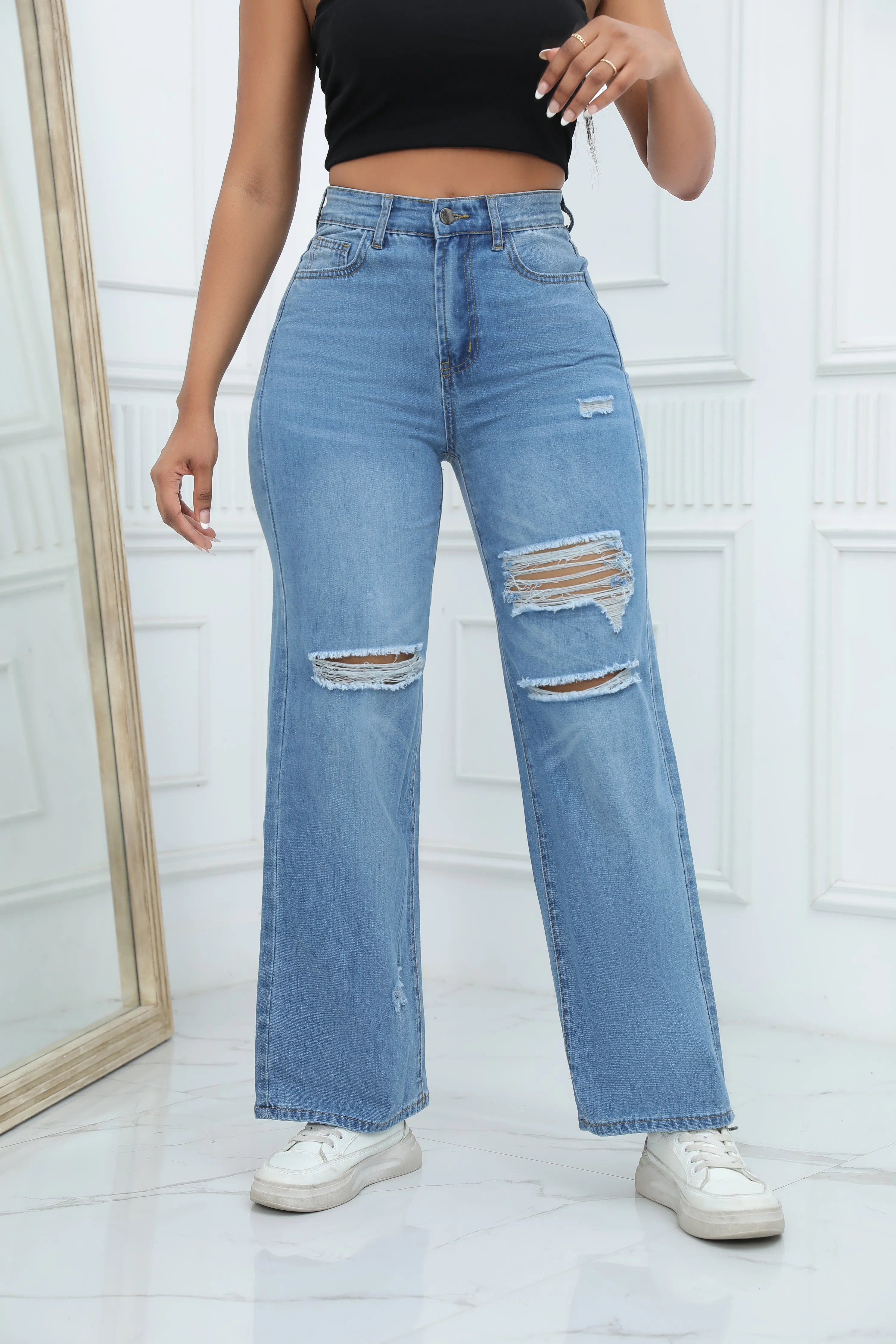 High-quality Temperament Ripped Wide-leg Pants Jeans