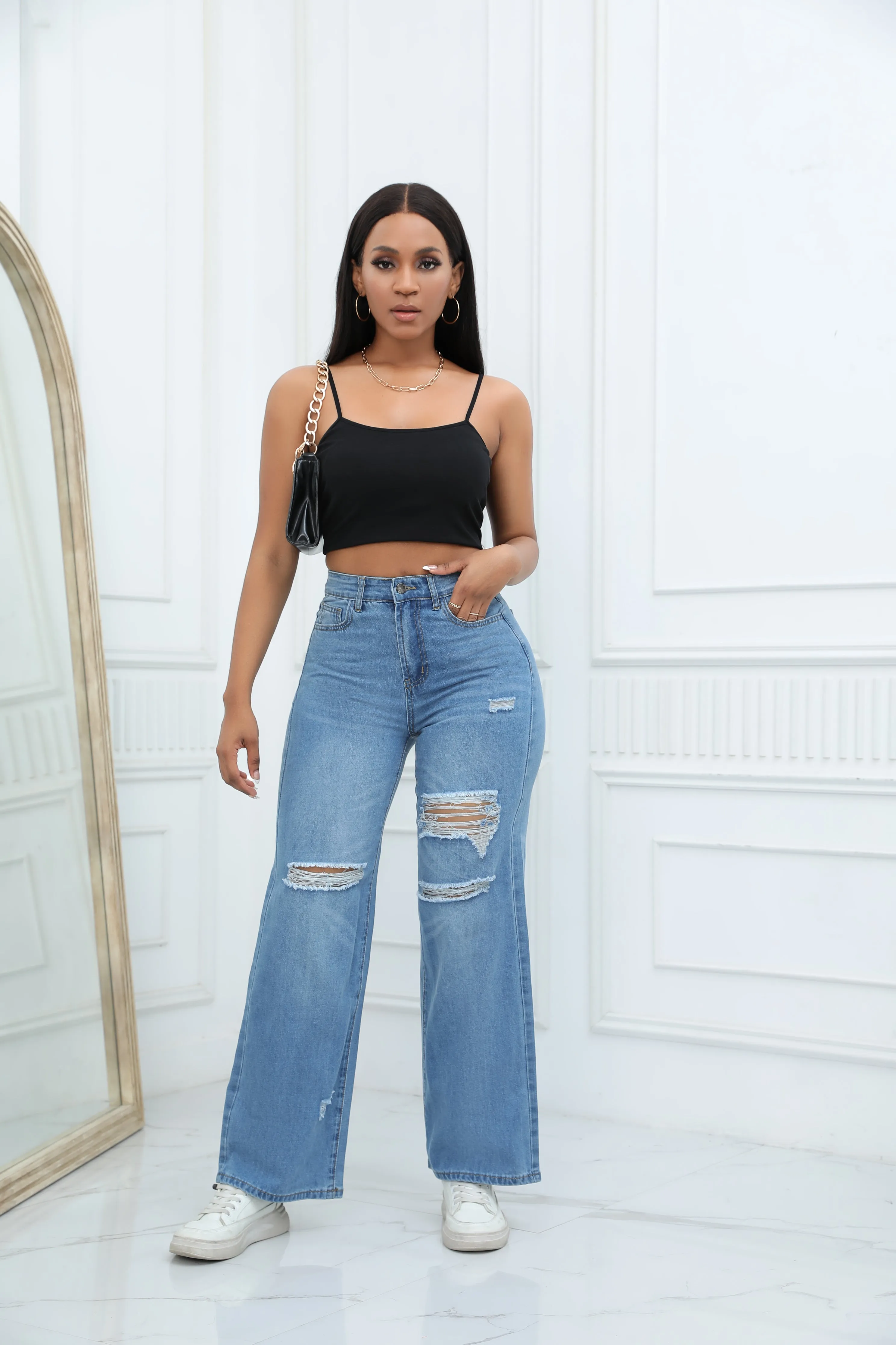 High-quality Temperament Ripped Wide-leg Pants Jeans