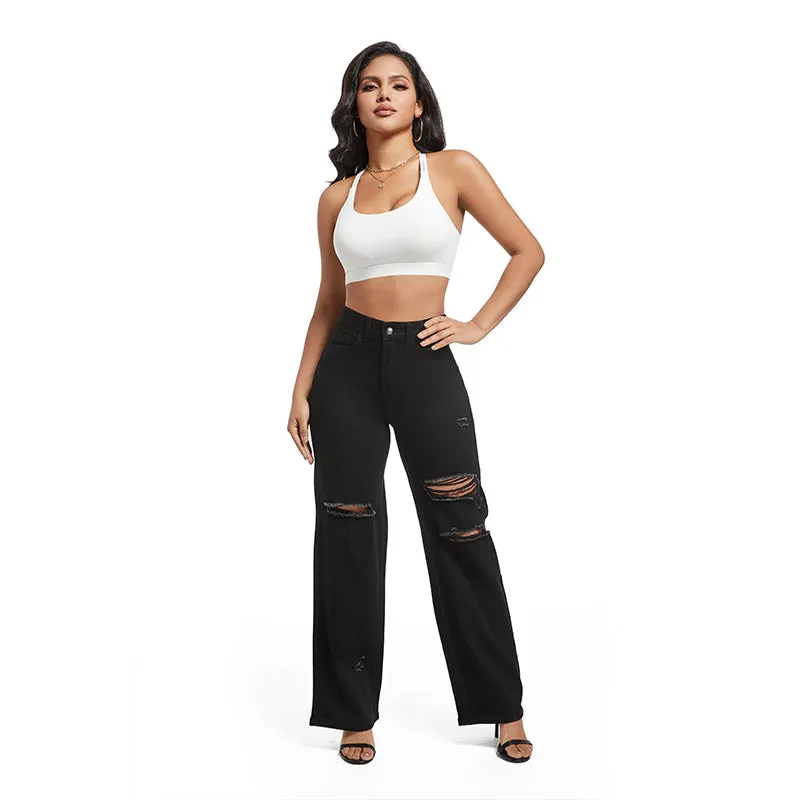 High-quality Temperament Ripped Wide-leg Pants Jeans