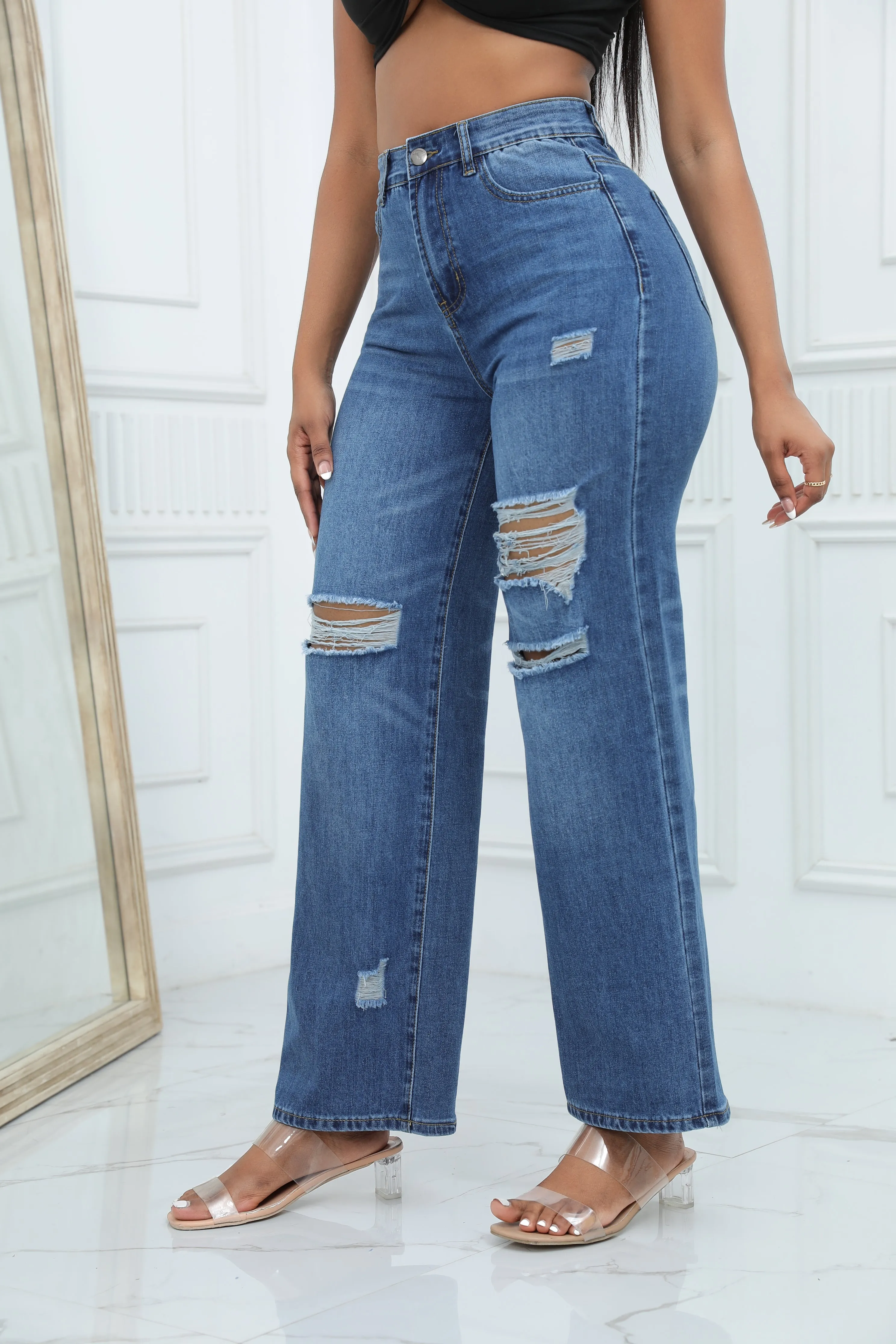 High-quality Temperament Ripped Wide-leg Pants Jeans