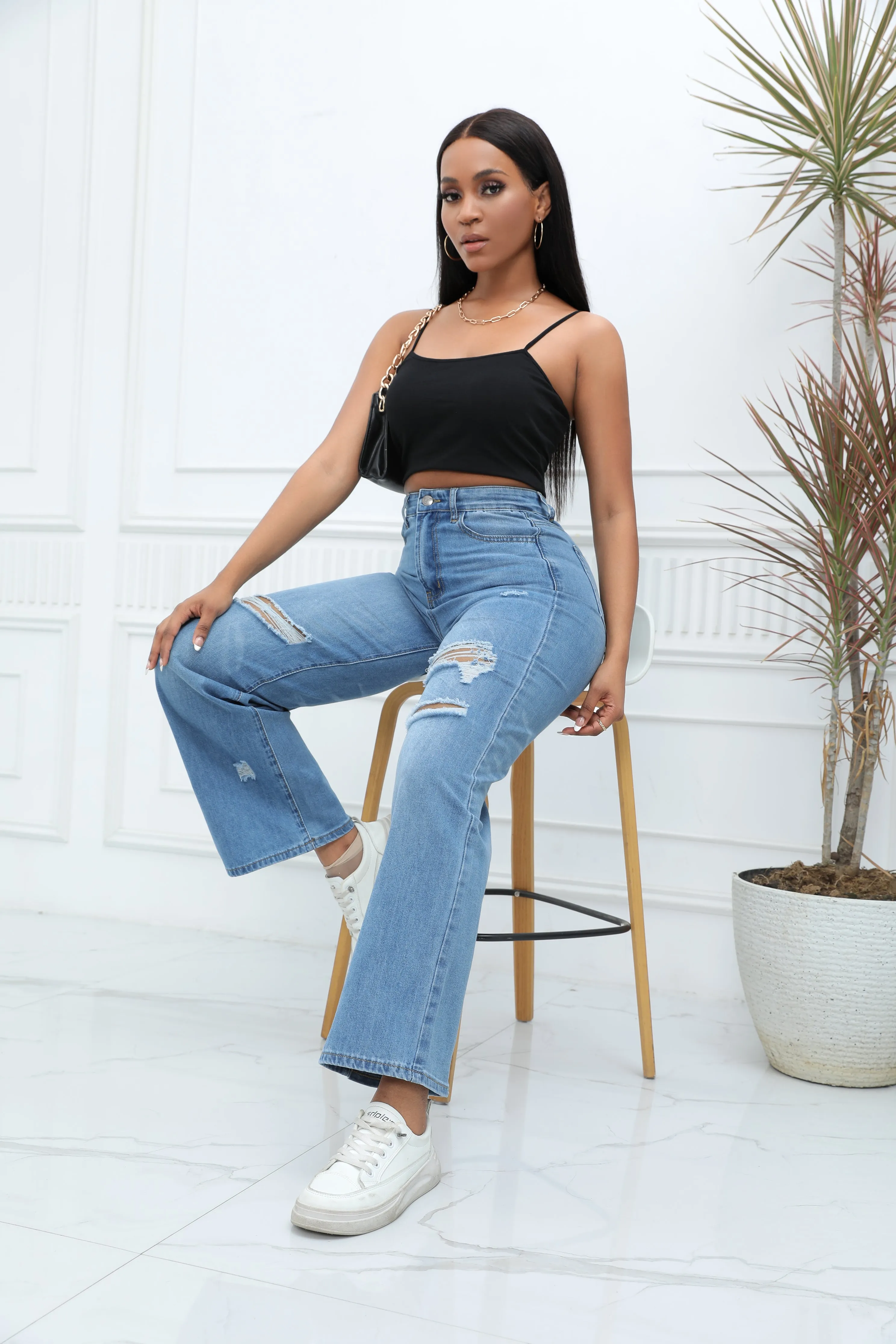 High-quality Temperament Ripped Wide-leg Pants Jeans