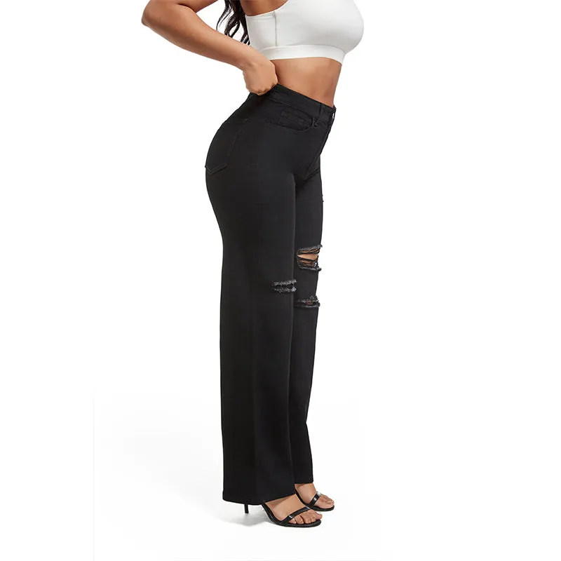 High-quality Temperament Ripped Wide-leg Pants Jeans