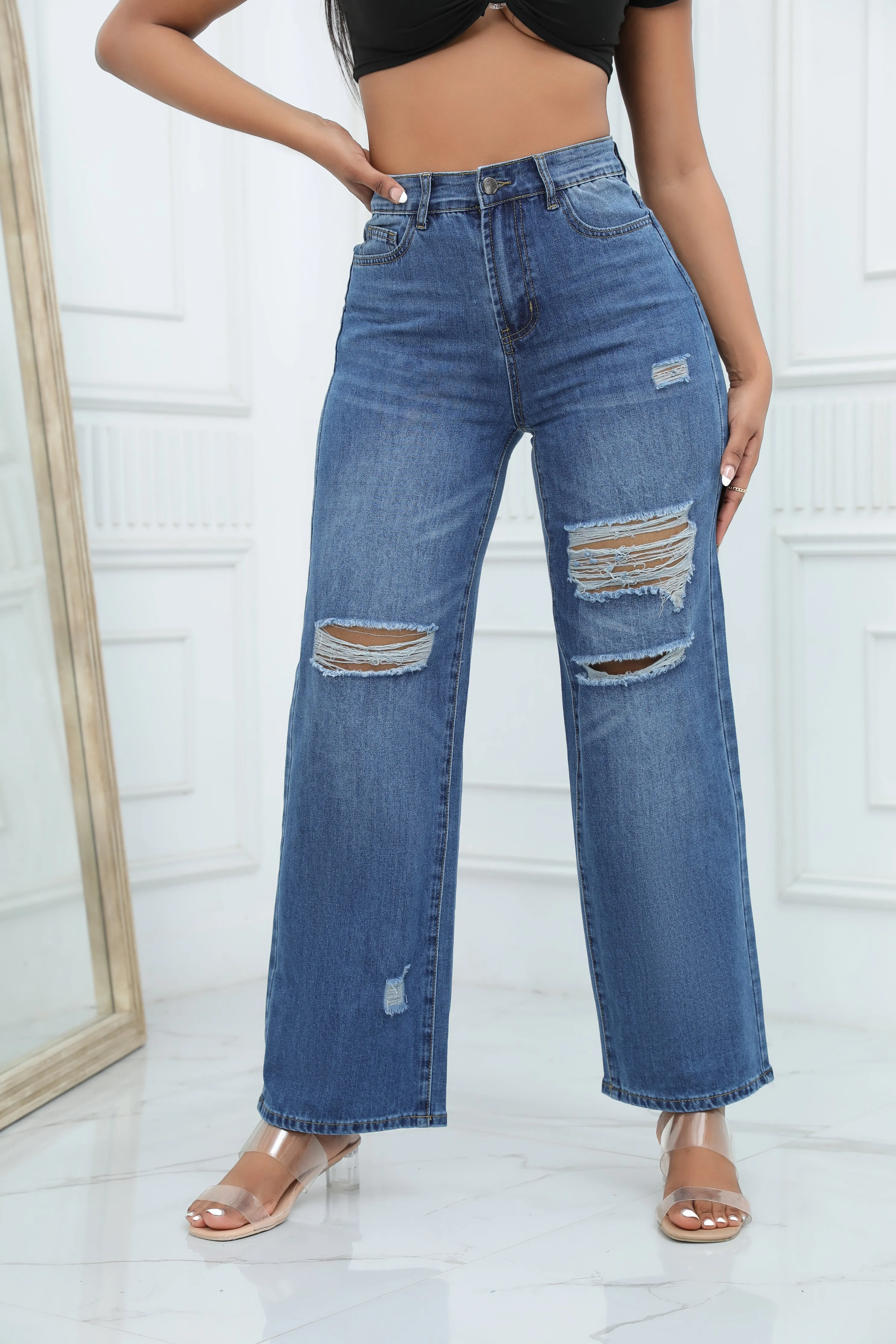 High-quality Temperament Ripped Wide-leg Pants Jeans