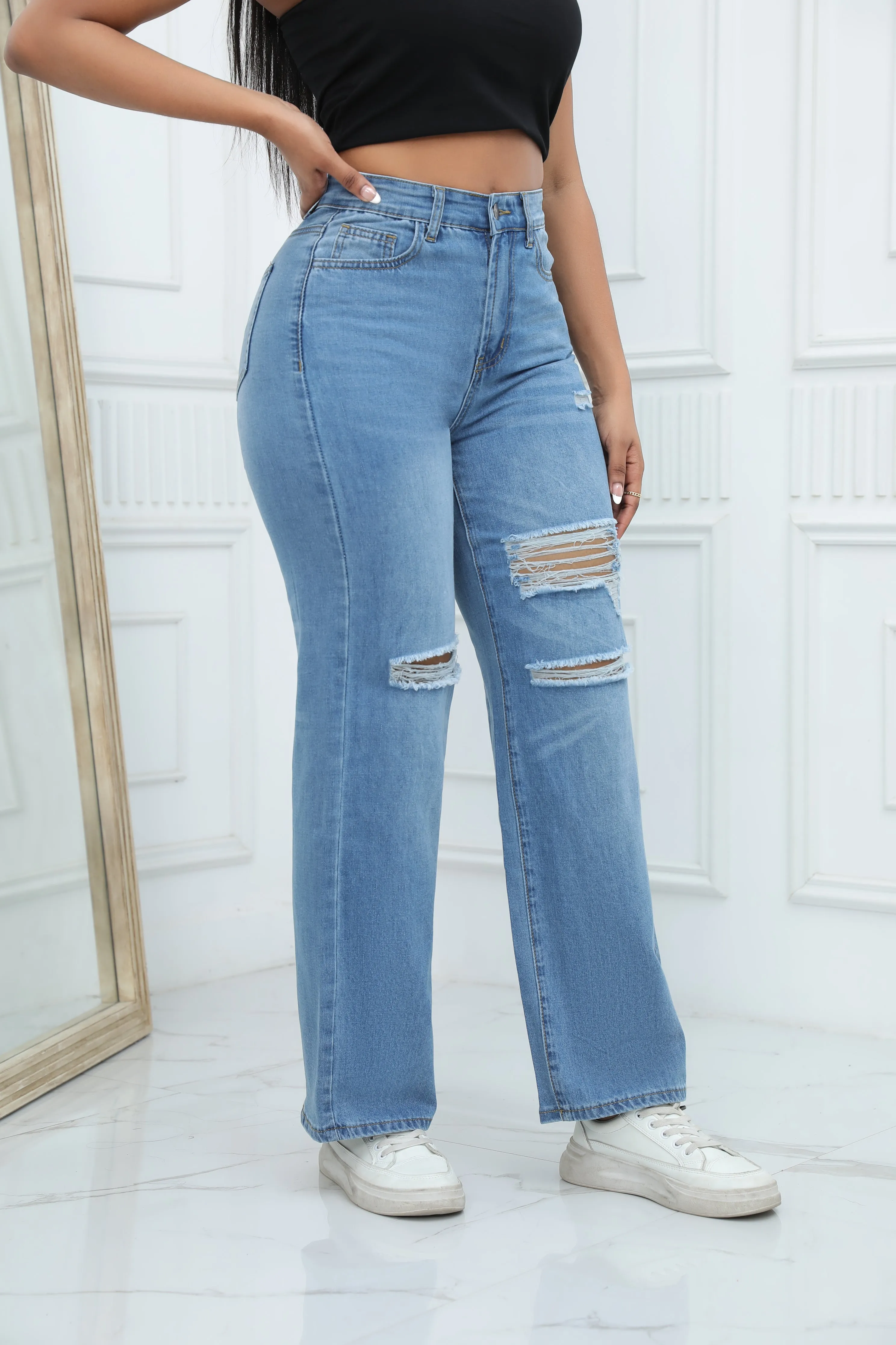 High-quality Temperament Ripped Wide-leg Pants Jeans