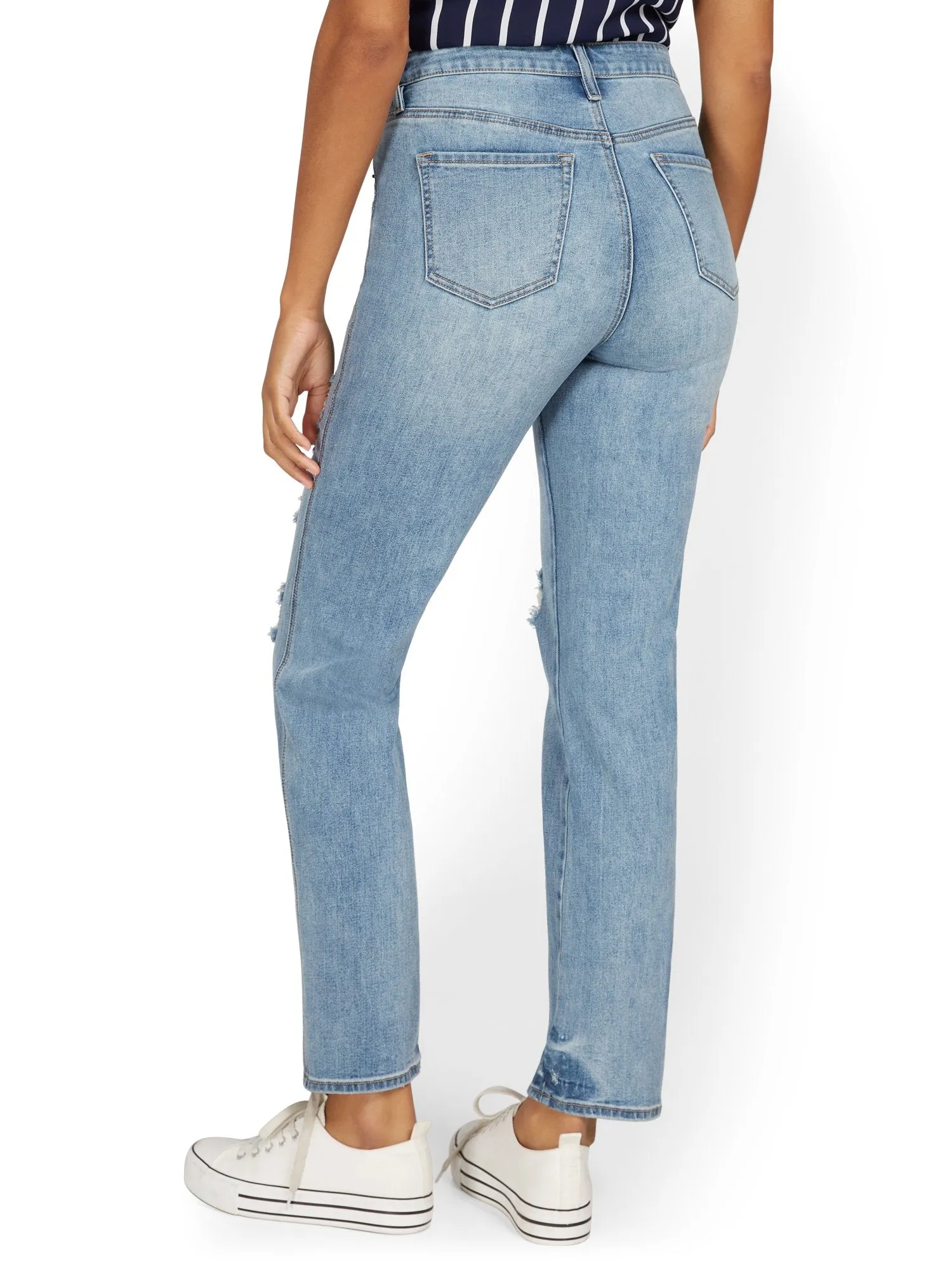 High-Waisted Distressed Relaxed Straight Jeans - Medium Blue Wash