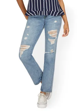 High-Waisted Distressed Relaxed Straight Jeans - Medium Blue Wash