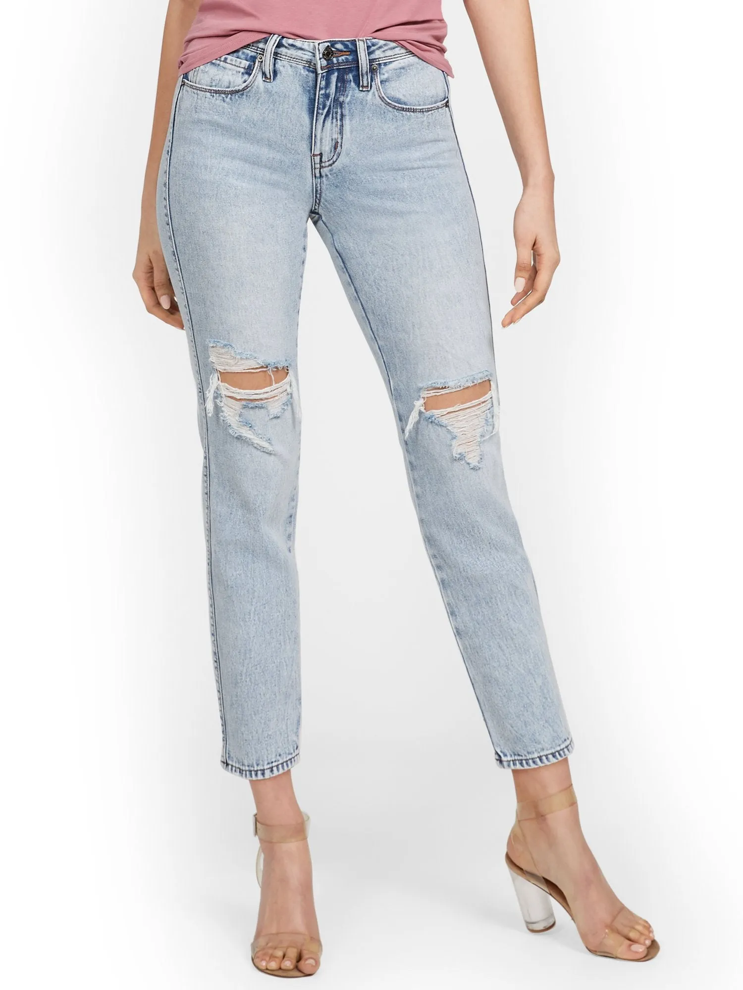 High-Waisted Distressed Relaxed Straight Jeans - Medium Blue Wash