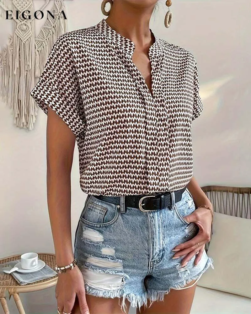 Houndstooth print v-neck elegant short sleeve top