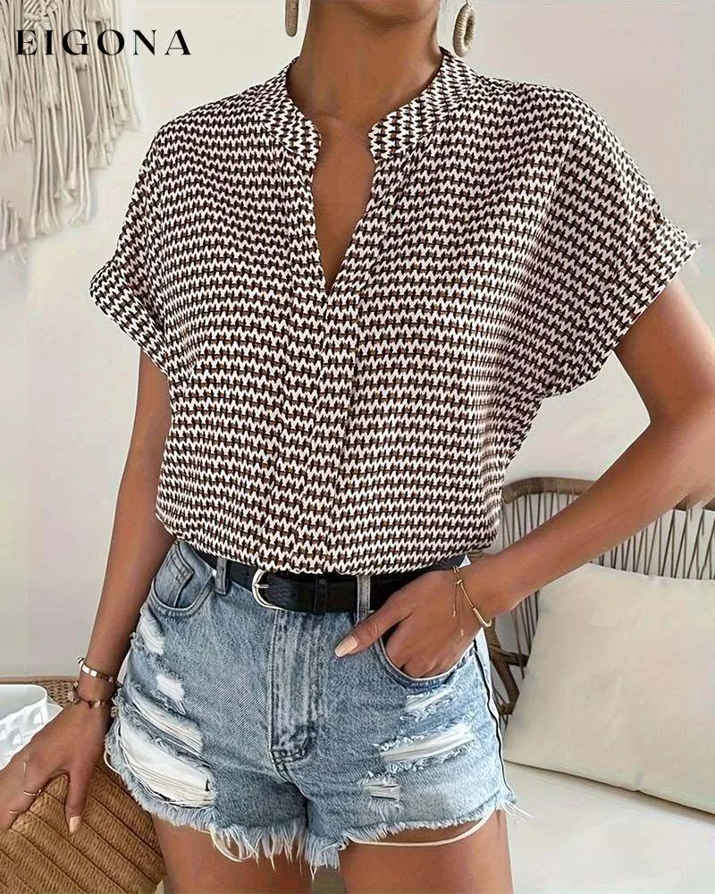 Houndstooth print v-neck elegant short sleeve top