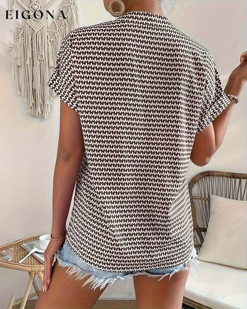 Houndstooth print v-neck elegant short sleeve top