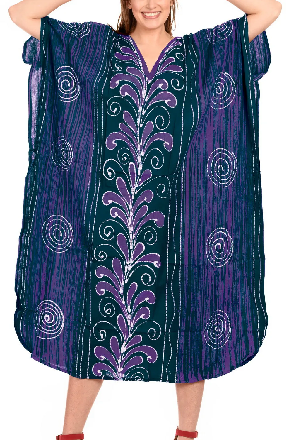 LA LEELA Cotton Batik Printed Women's Kaftan Kimono Summer Beachwear Cover up Dress  Green_D316