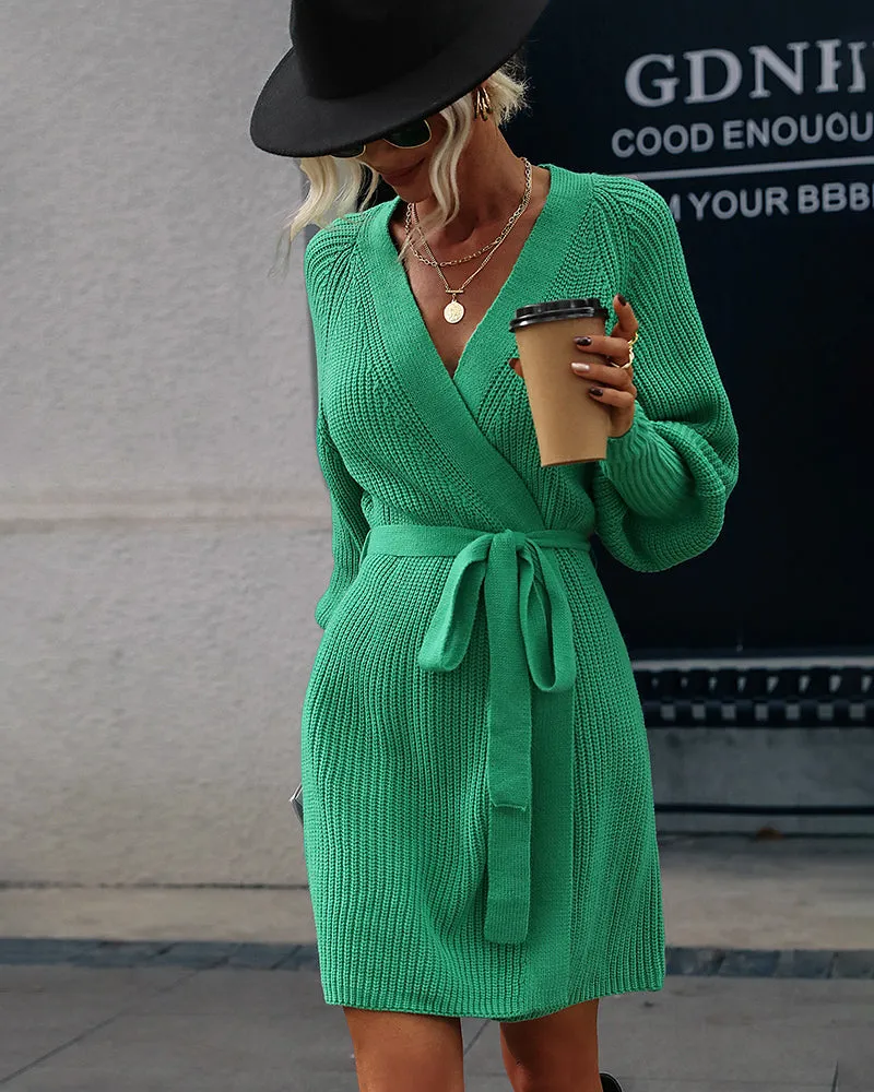 Lantern Sleeve Belted Sweater Dress