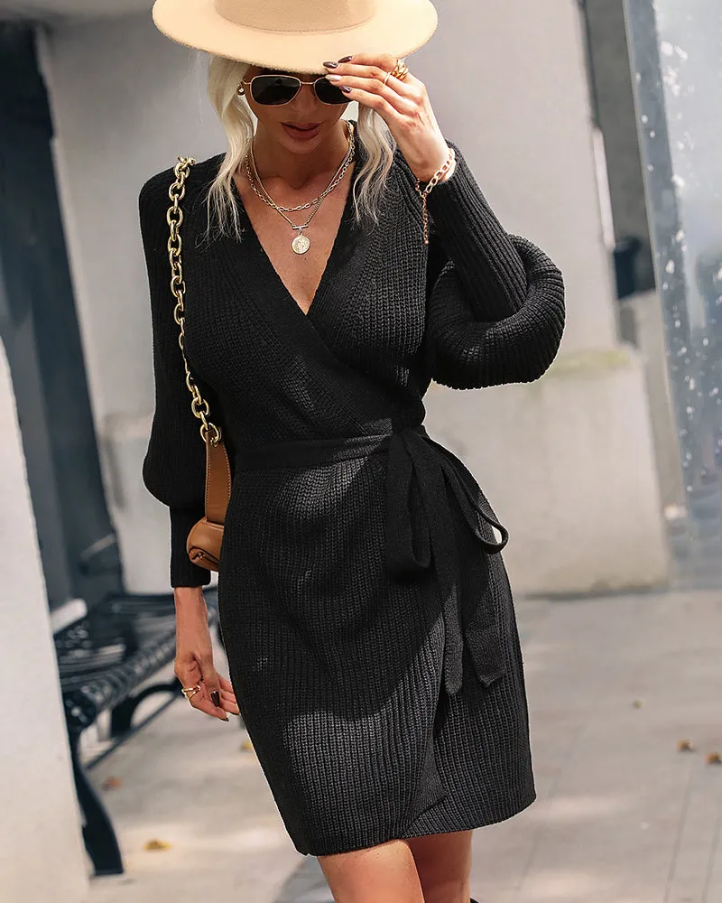Lantern Sleeve Belted Sweater Dress