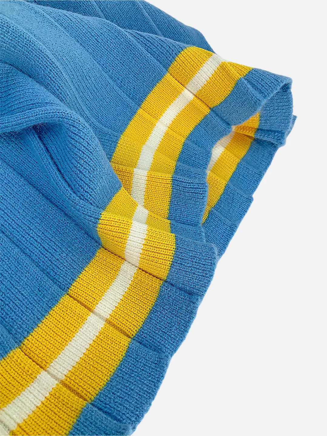 Little Surprise Box Blue & Mustard Big Bow & Stripes Sailor neck Winterwear Frock for girls