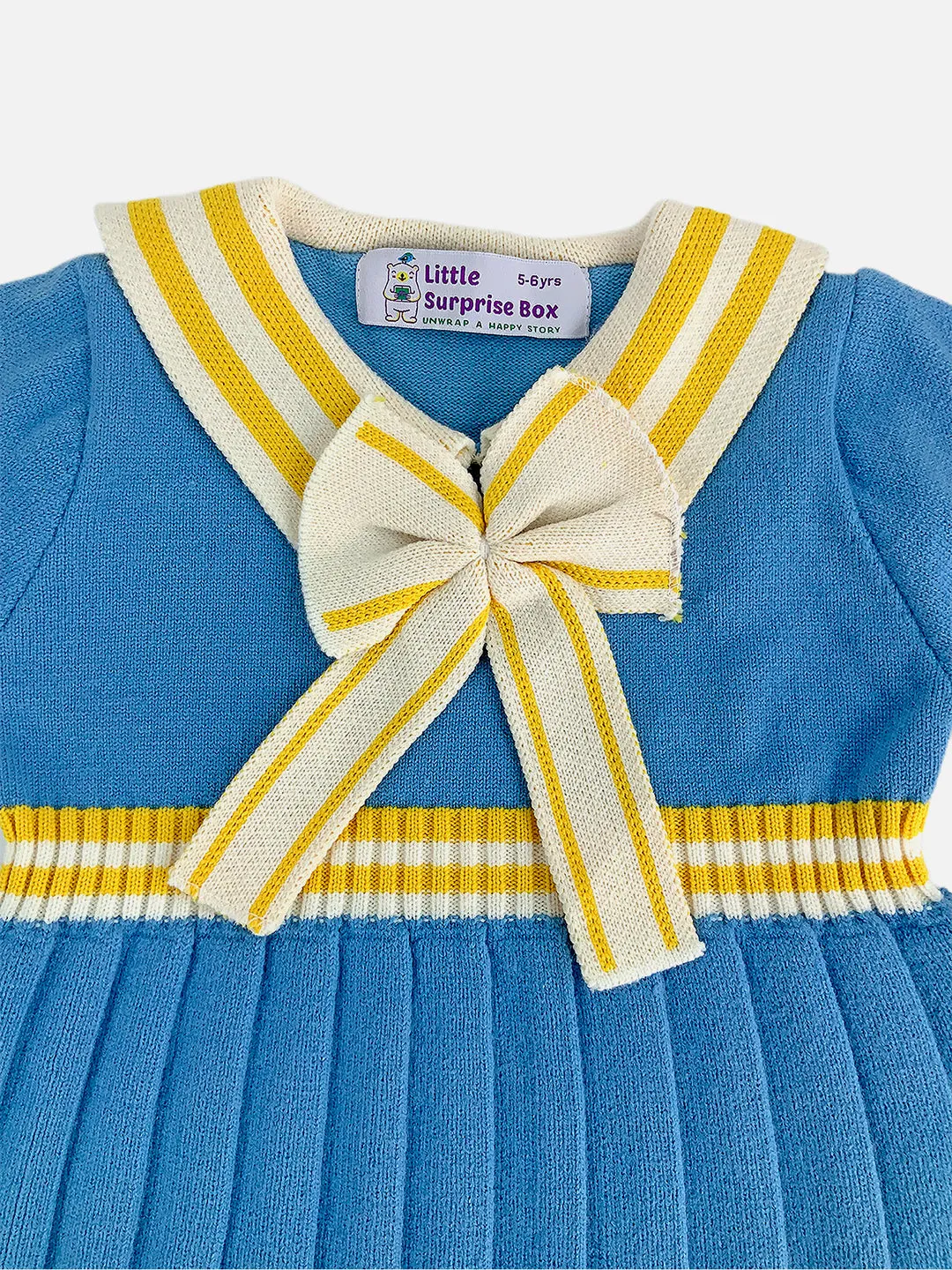 Little Surprise Box Blue & Mustard Big Bow & Stripes Sailor neck Winterwear Frock for girls