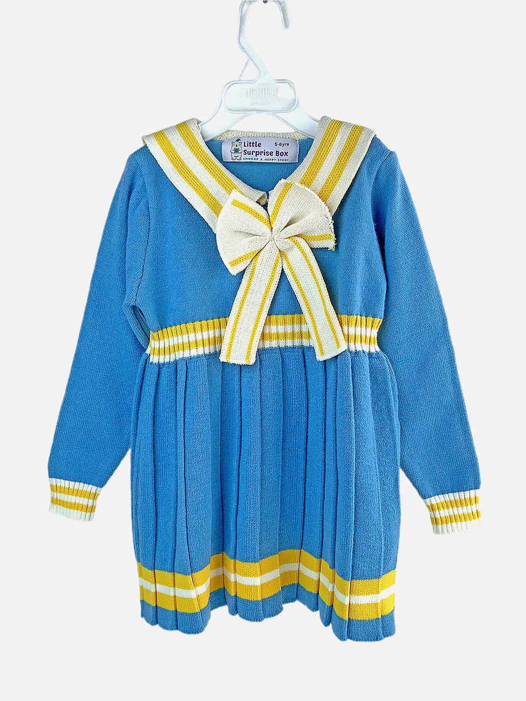 Little Surprise Box Blue & Mustard Big Bow & Stripes Sailor neck Winterwear Frock for girls