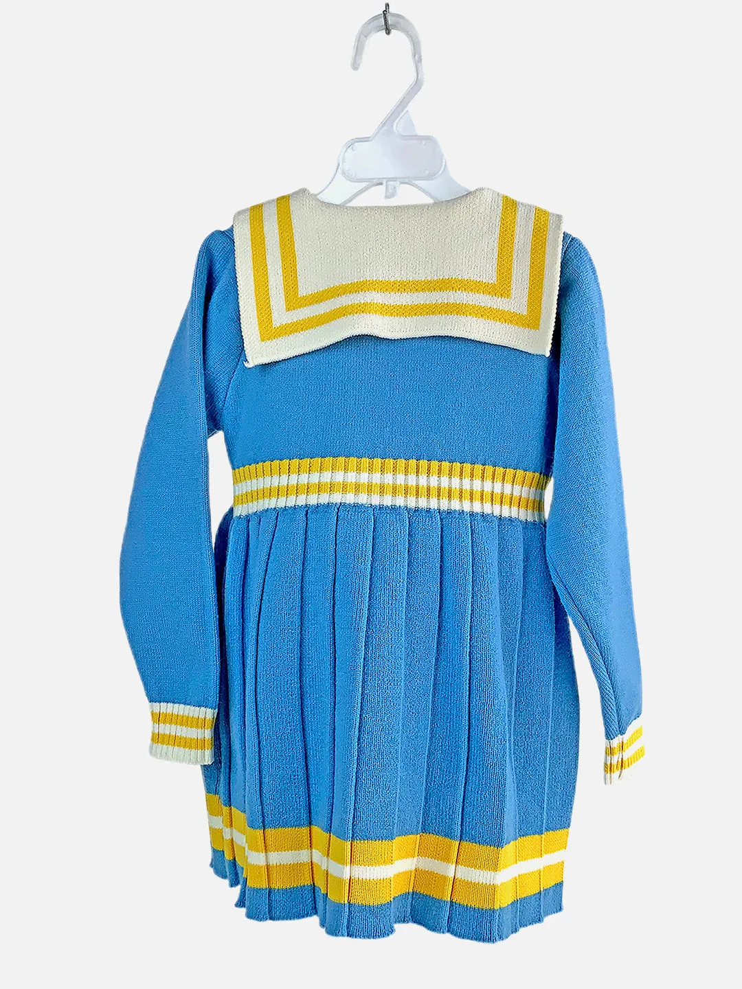 Little Surprise Box Blue & Mustard Big Bow & Stripes Sailor neck Winterwear Frock for girls