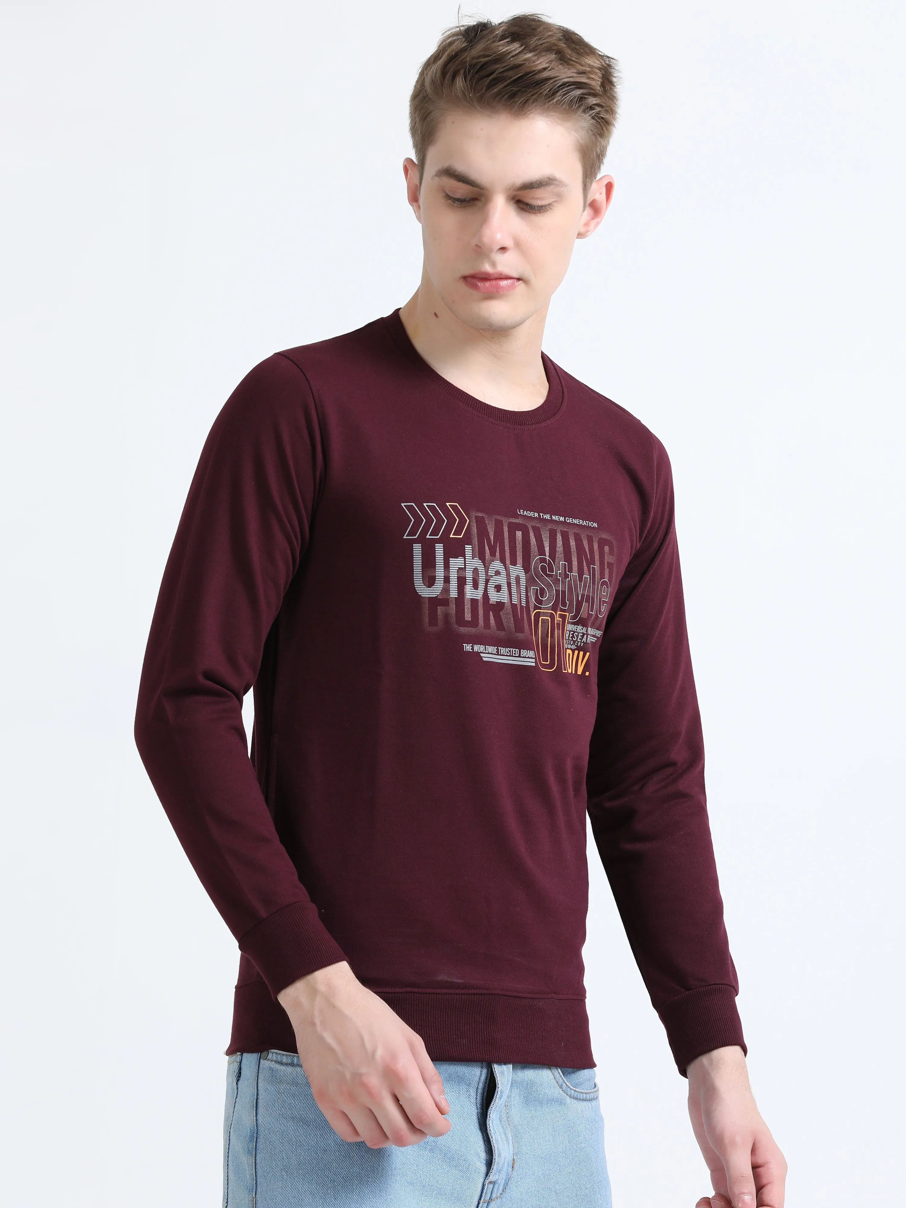 Men Wine Regular Fit Printed Full Sleeve Crew Neck Sweatshirt