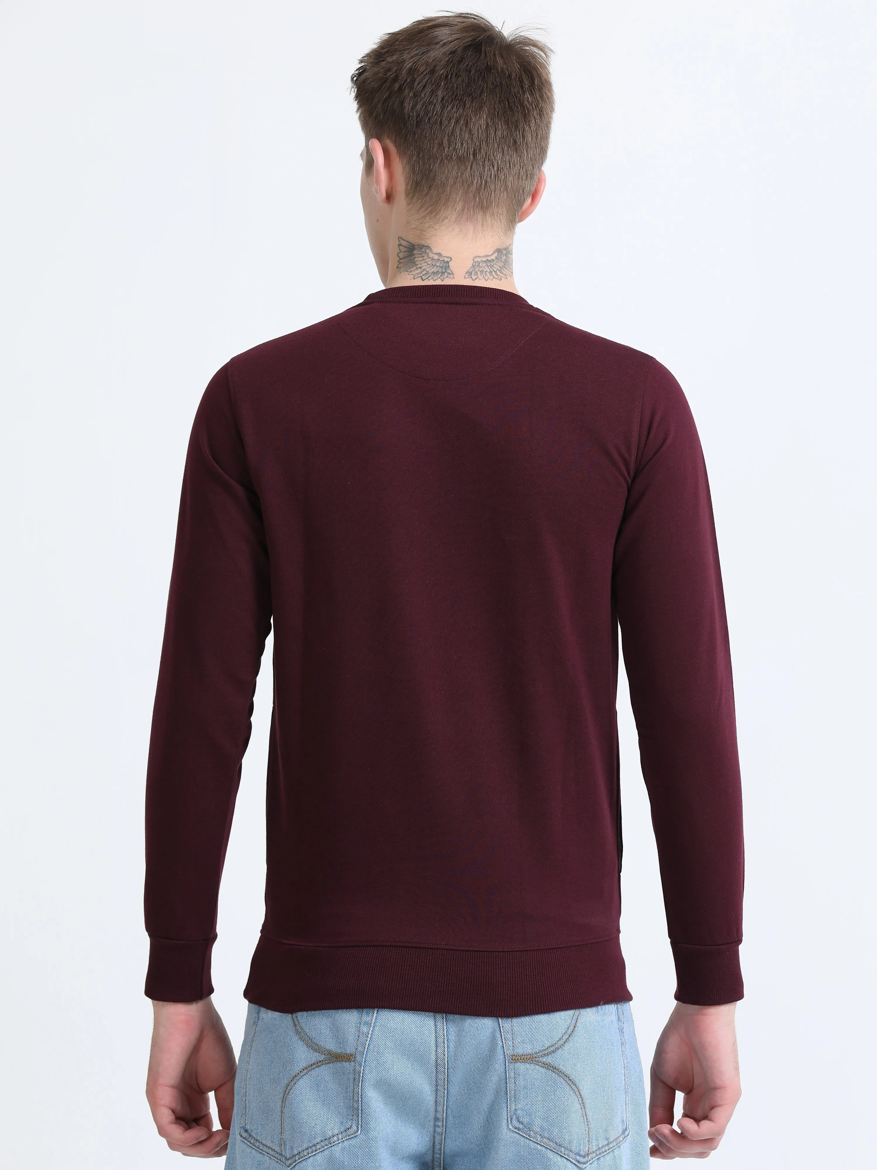 Men Wine Regular Fit Printed Full Sleeve Crew Neck Sweatshirt