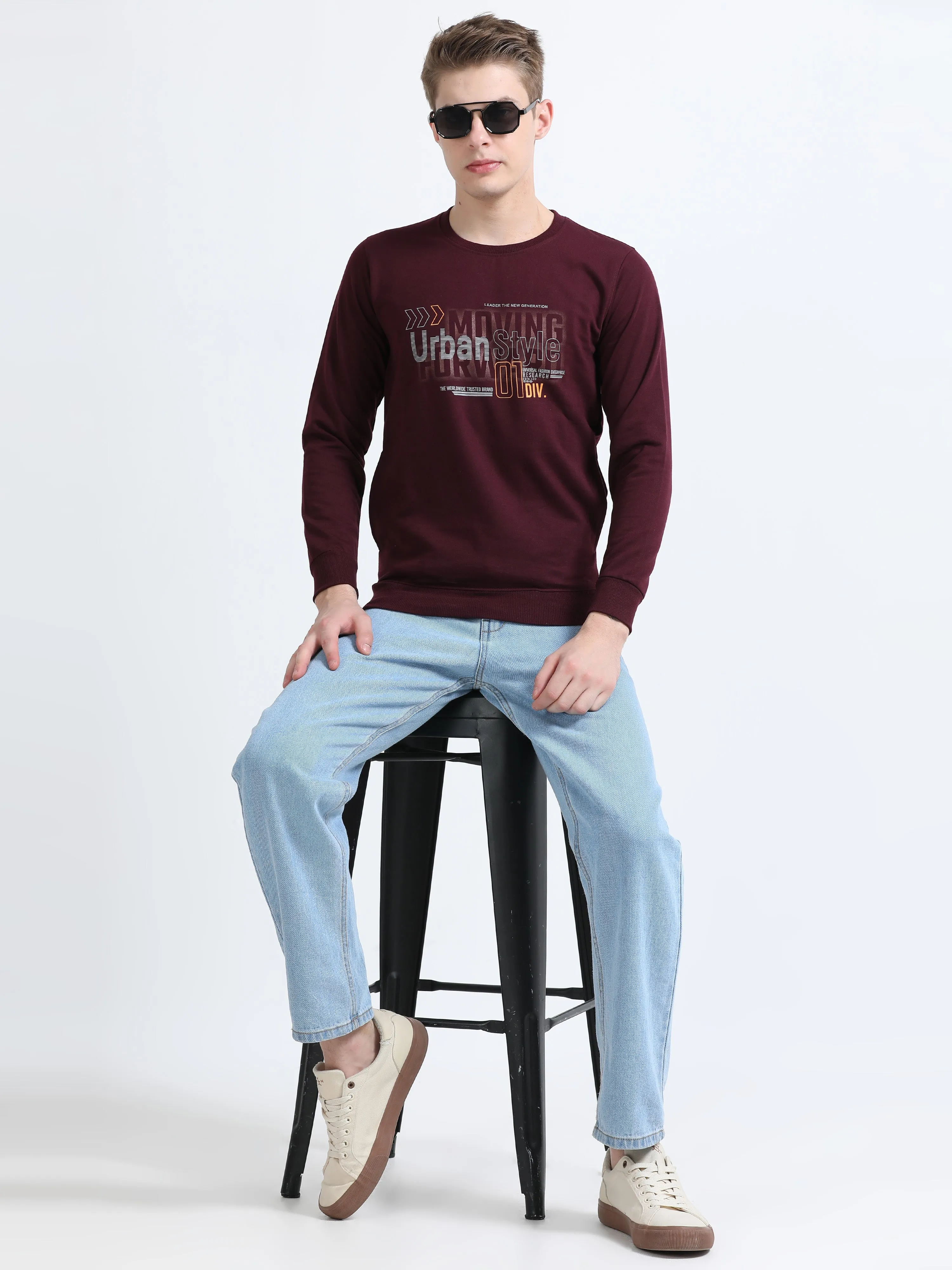 Men Wine Regular Fit Printed Full Sleeve Crew Neck Sweatshirt