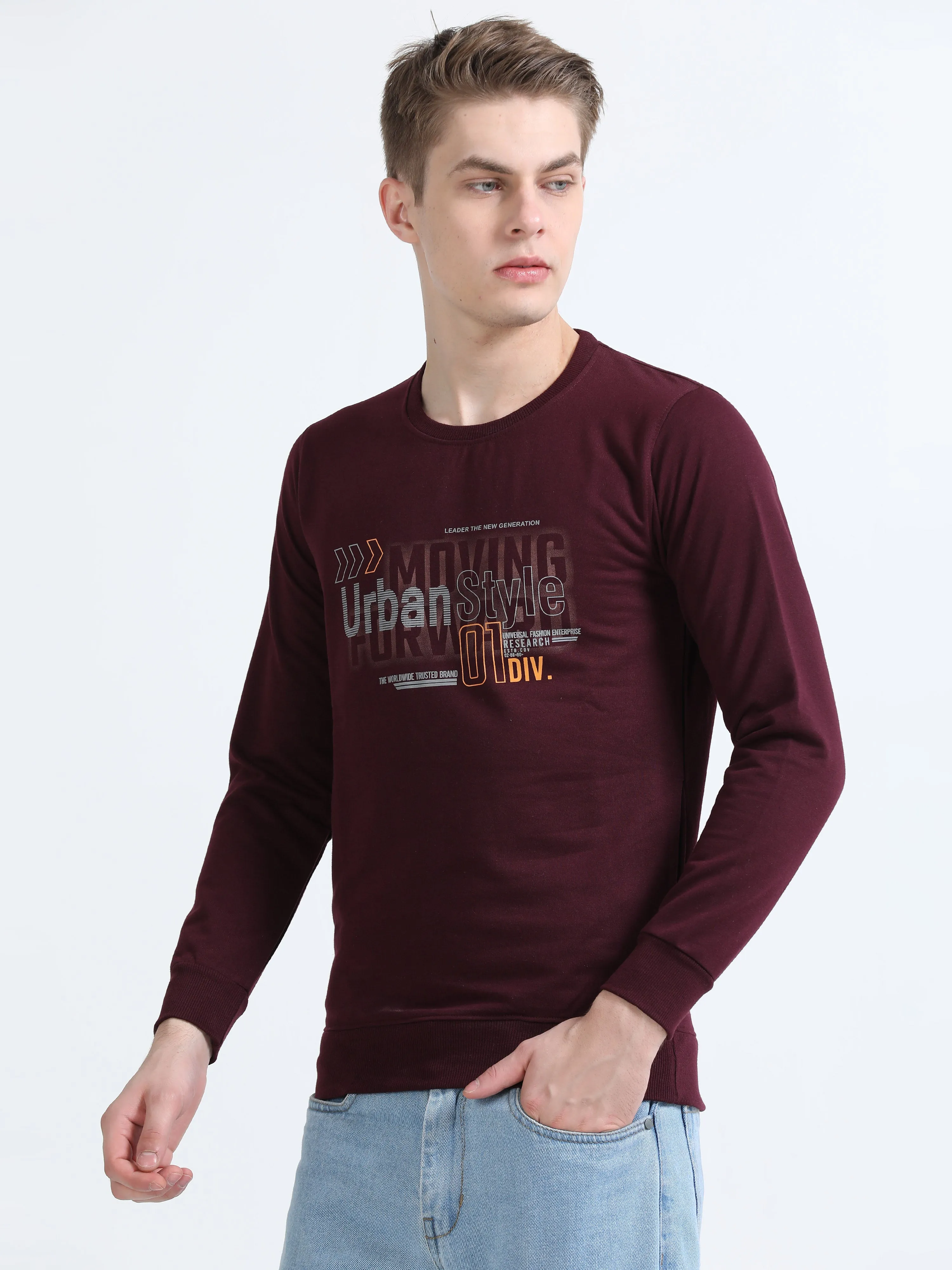 Men Wine Regular Fit Printed Full Sleeve Crew Neck Sweatshirt