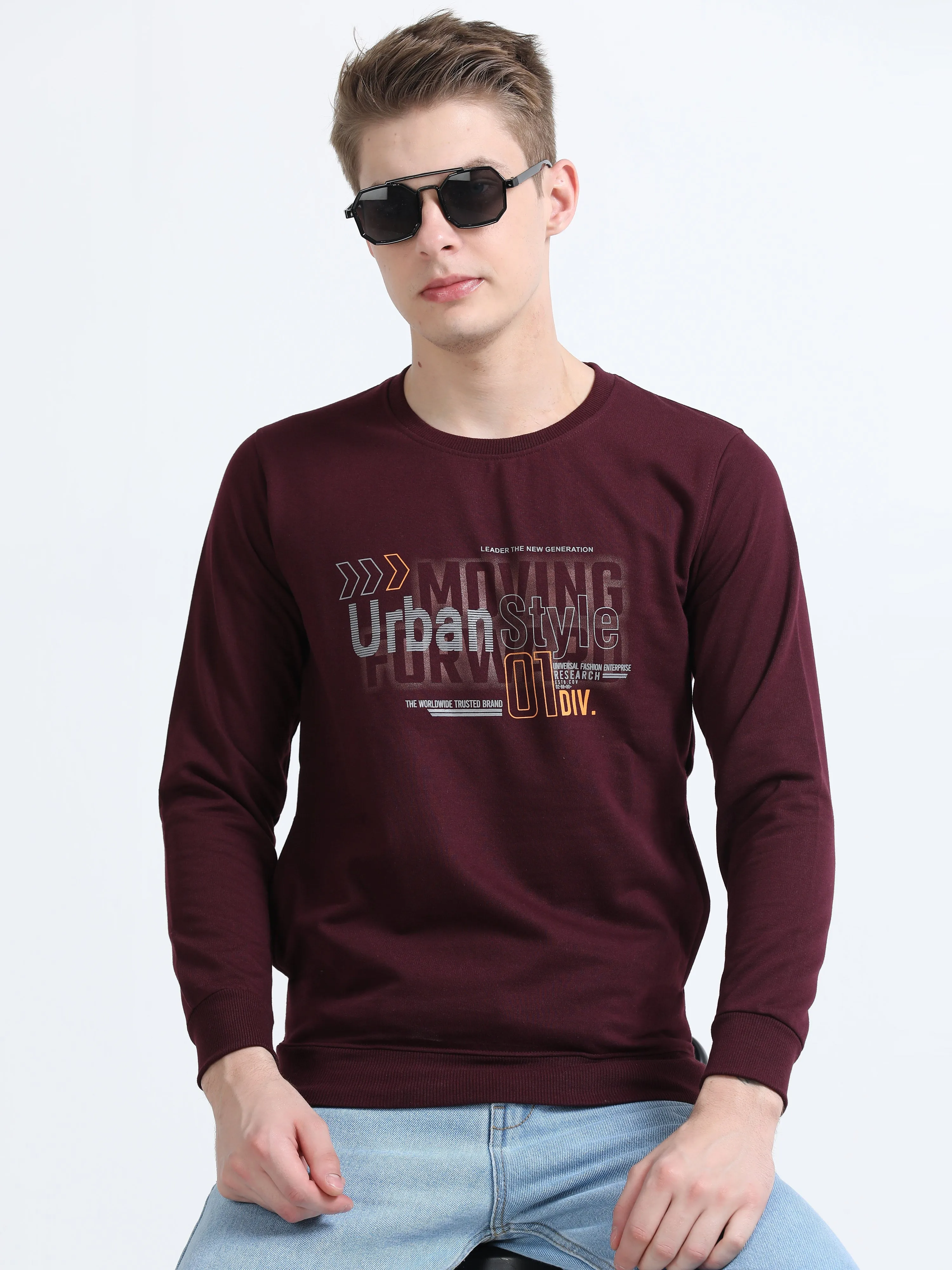 Men Wine Regular Fit Printed Full Sleeve Crew Neck Sweatshirt