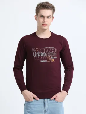 Men Wine Regular Fit Printed Full Sleeve Crew Neck Sweatshirt