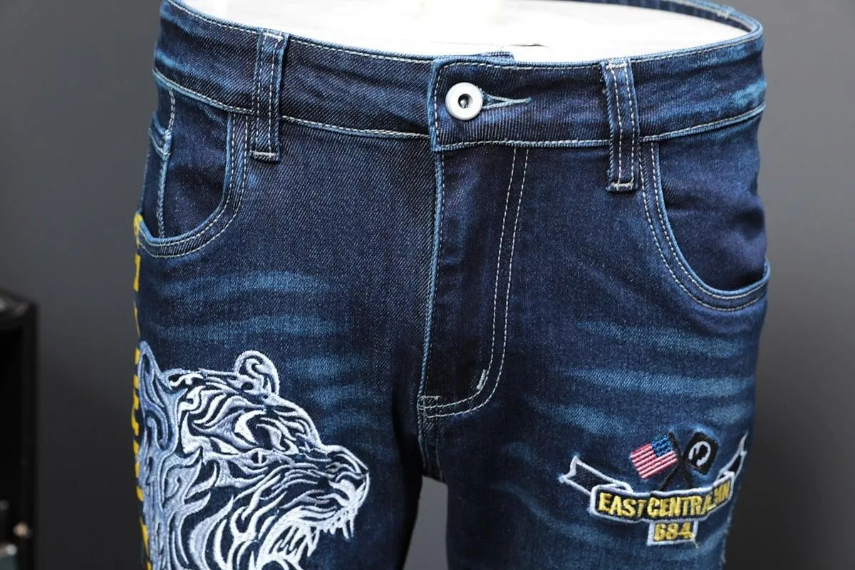 Men's Autumn Patchwork Tiger Embroidery Jeans