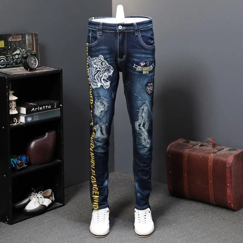 Men's Autumn Patchwork Tiger Embroidery Jeans